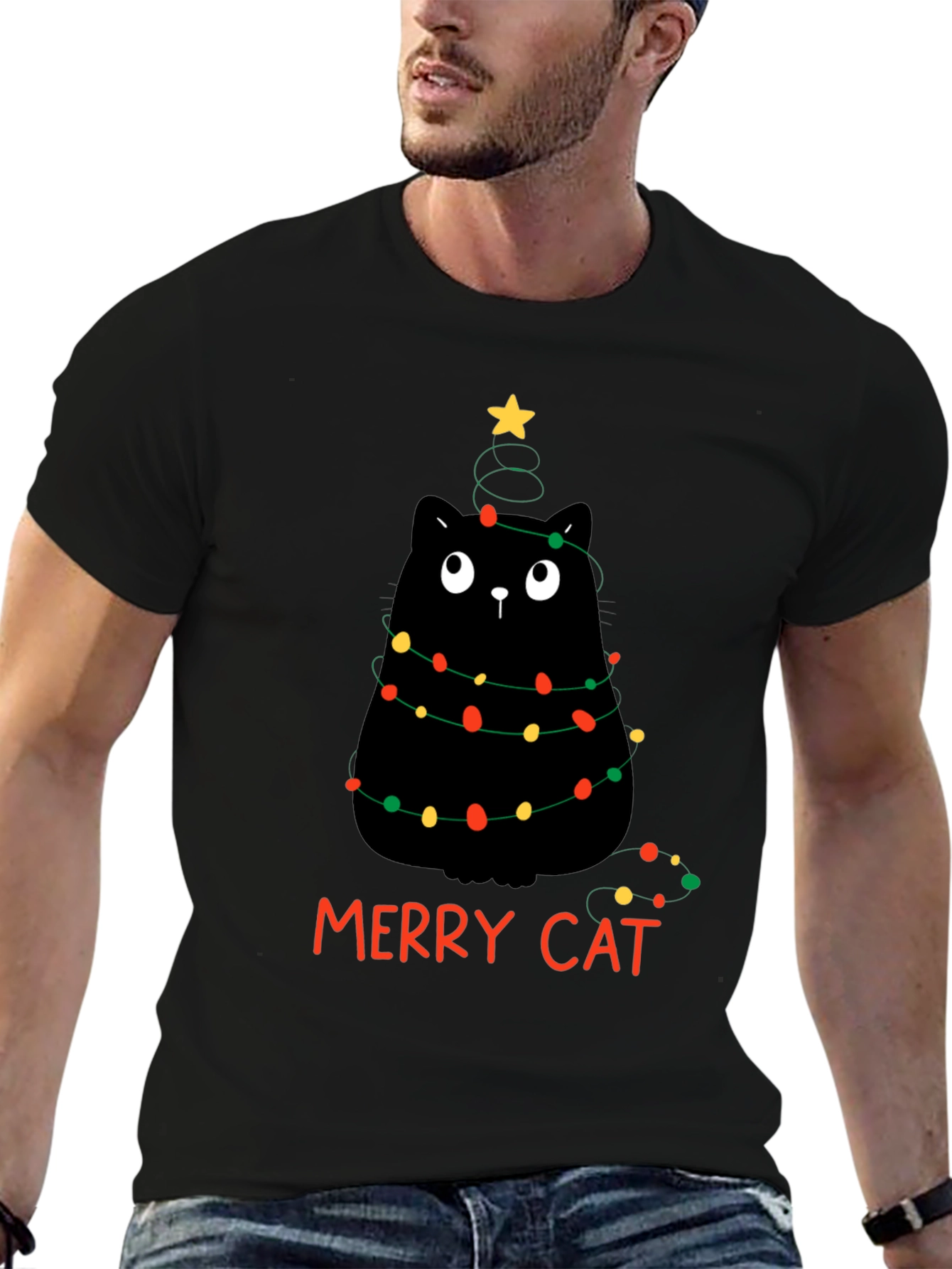 Merry Cat Christmas T-Shirt - Black