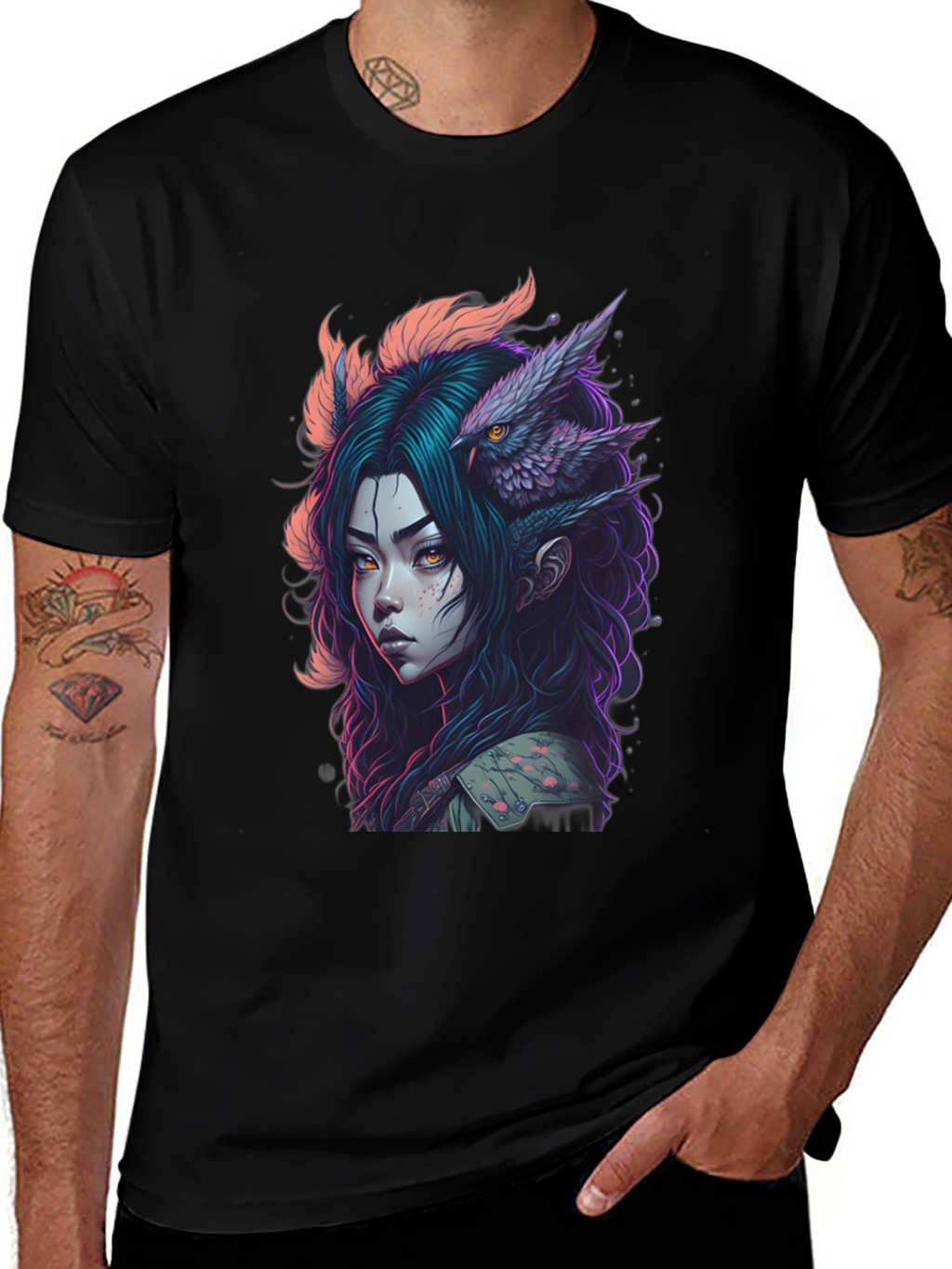 Fantasy Owl Girl Graphic Tee - Black
