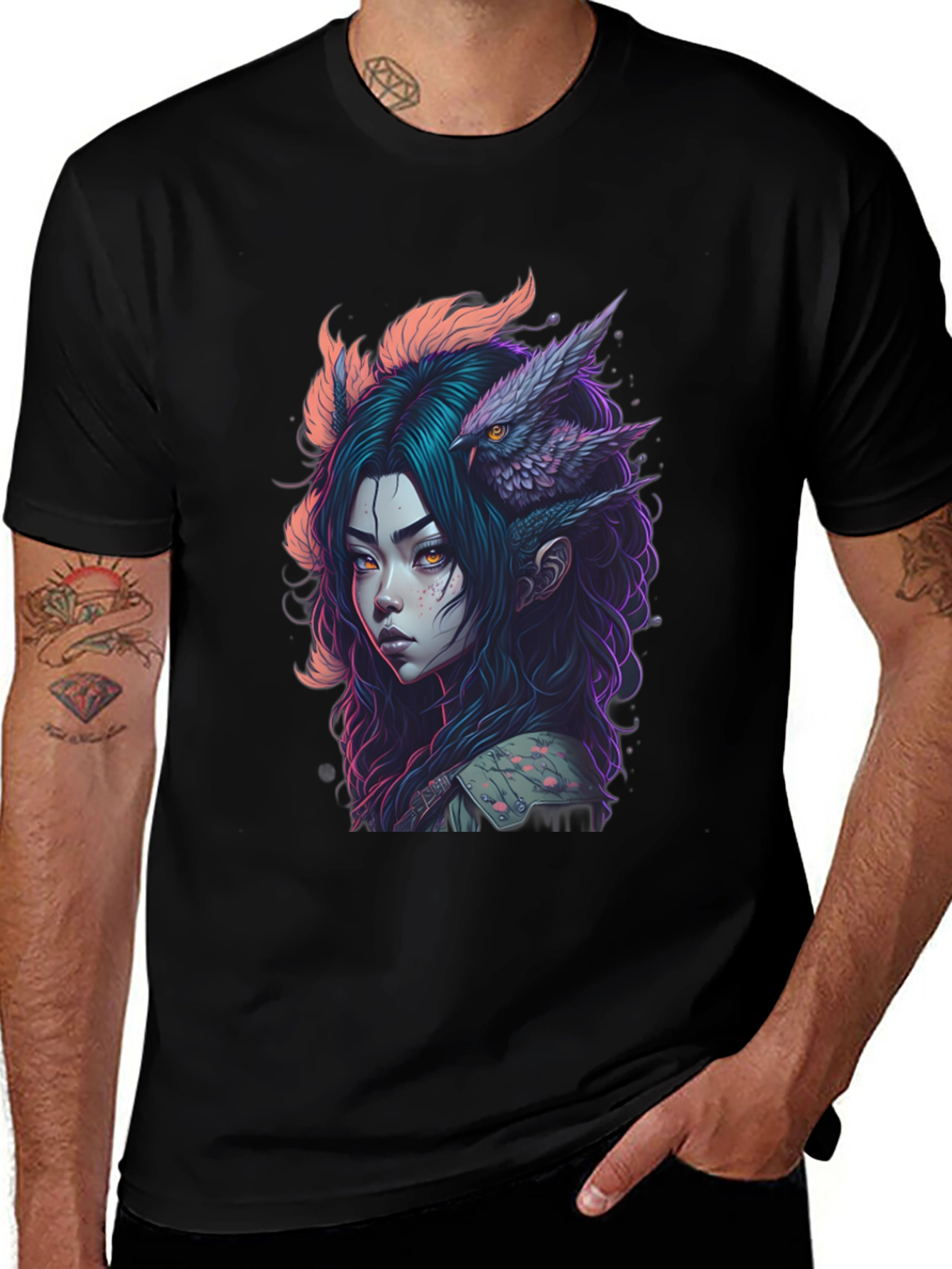 Fantasy Owl Girl Graphic Tee - Black