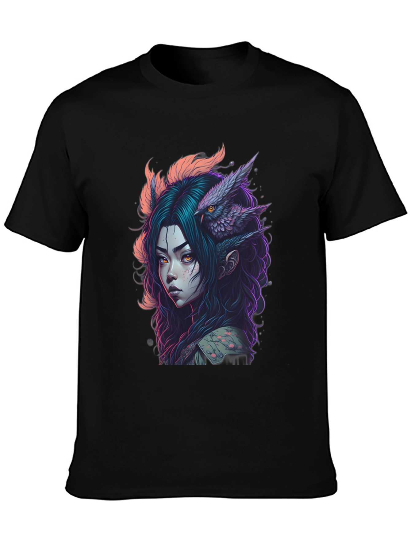 Fantasy Owl Girl Graphic Tee - Black
