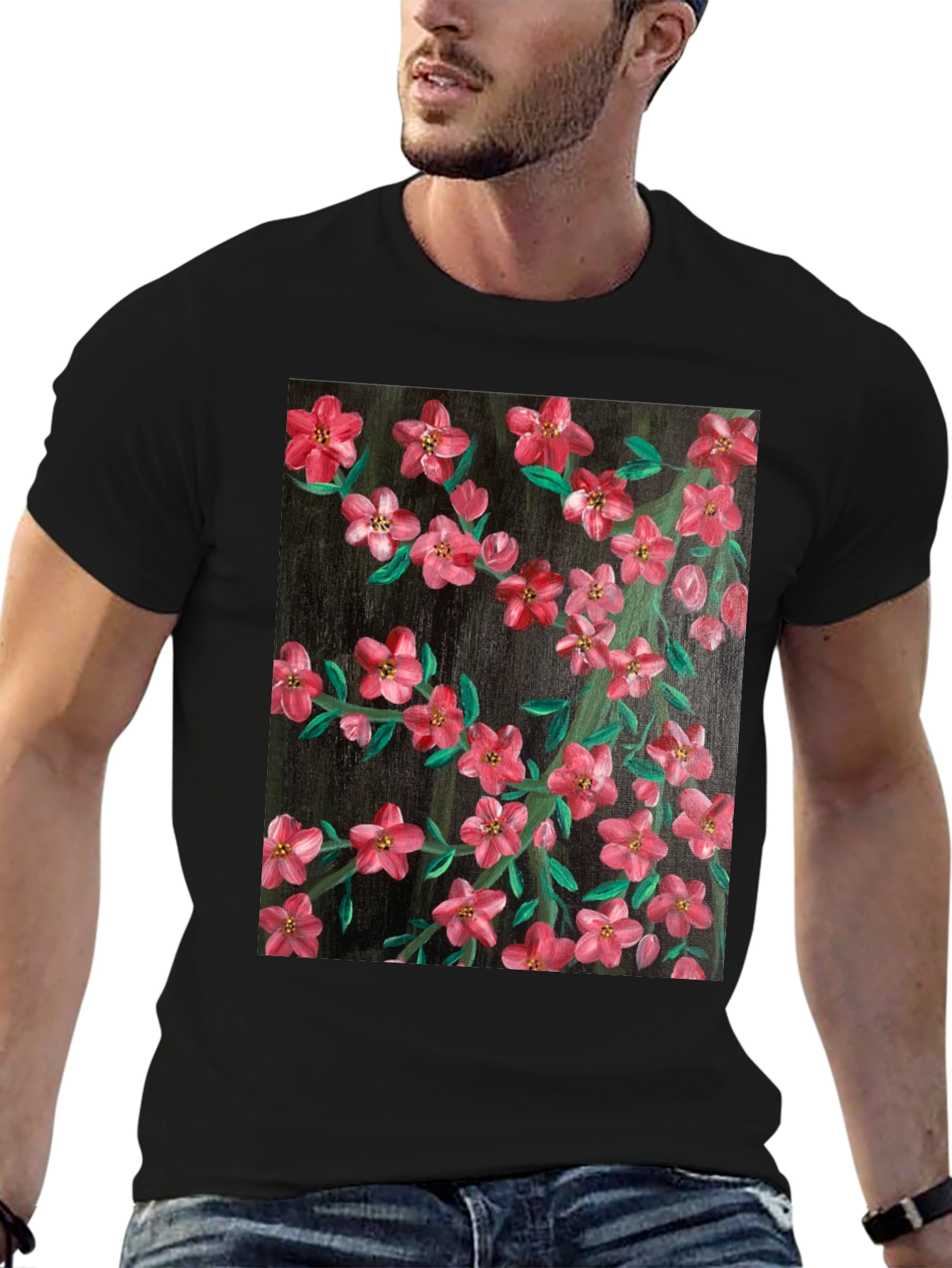Floral Art Black T-Shirt - Stylish Nature Print