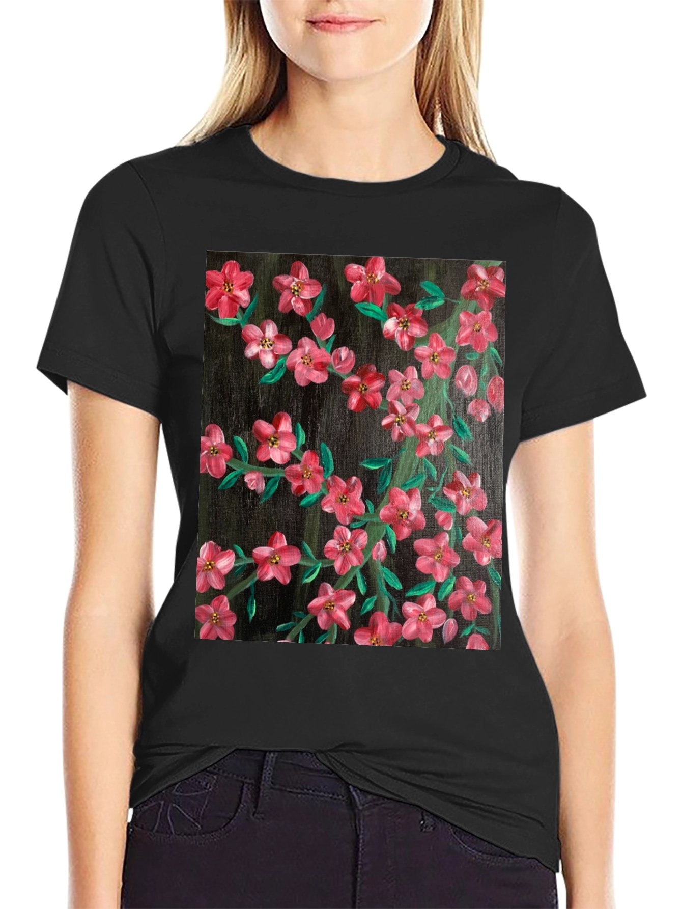 Floral Art Black T-Shirt - Stylish Nature Print