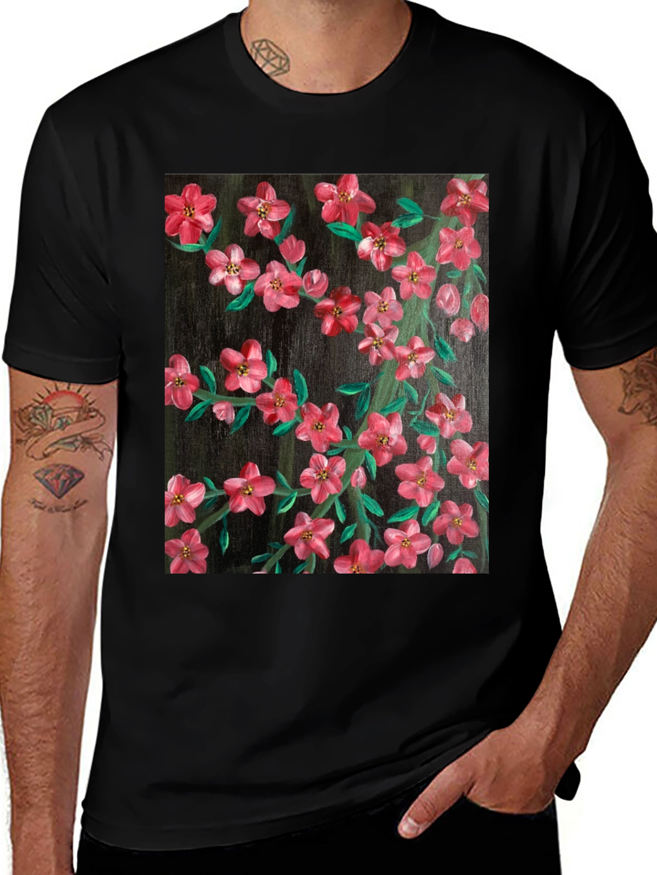 Floral Art Black T-Shirt - Stylish Nature Print
