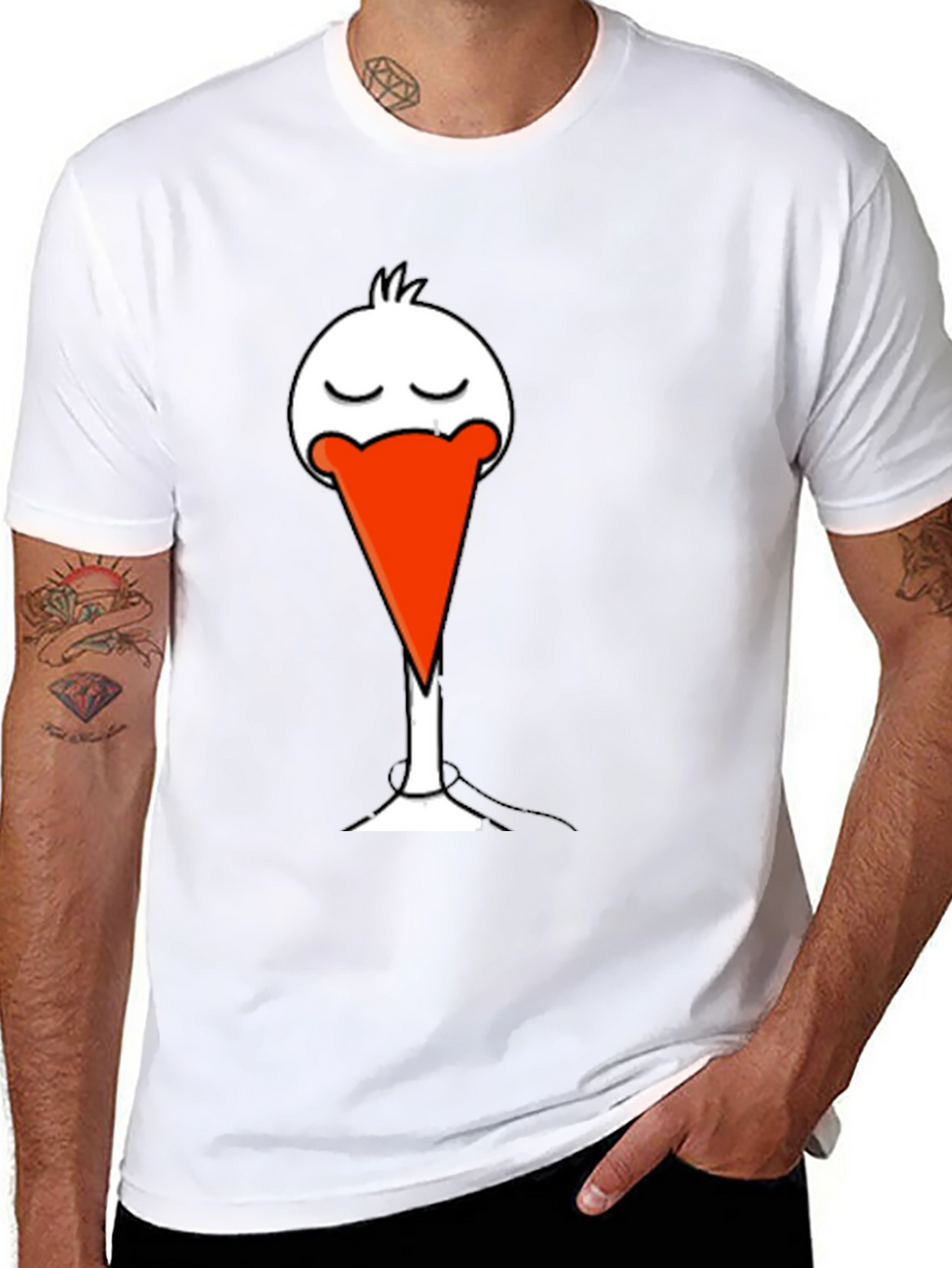 Black T-Shirt with Funny Stork Graphic Print