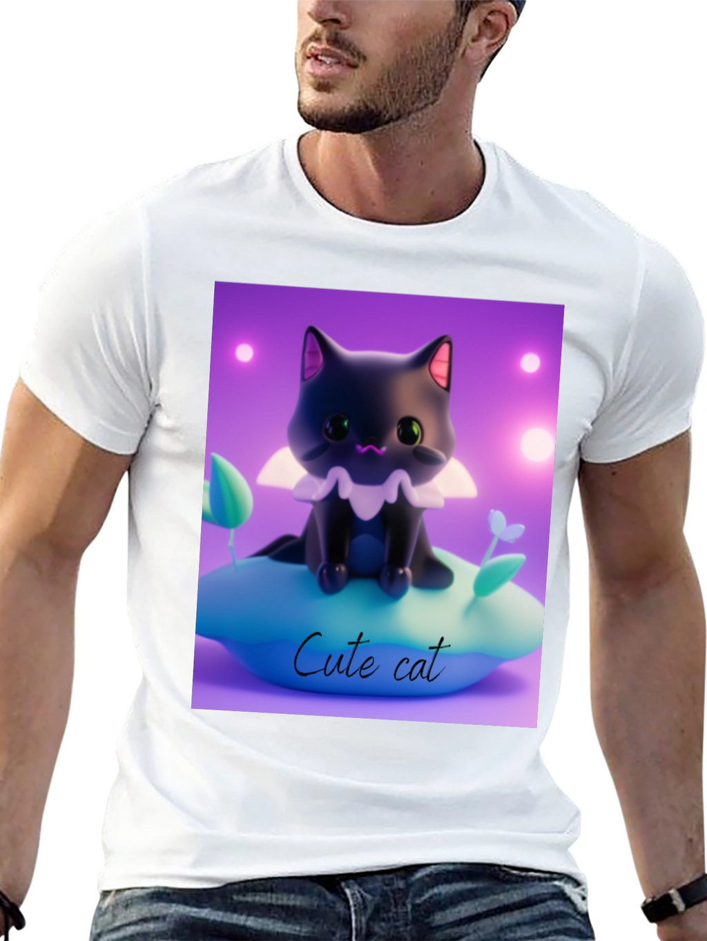 Cute Cat Graphic Tee - Black Cotton Comfort