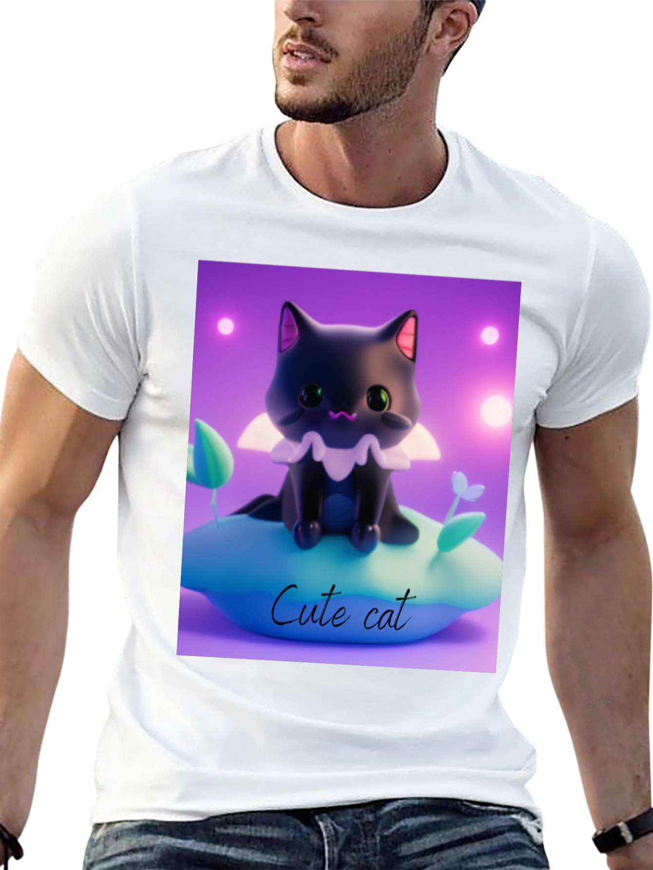 Cute Cat Graphic Tee - Black Cotton Comfort