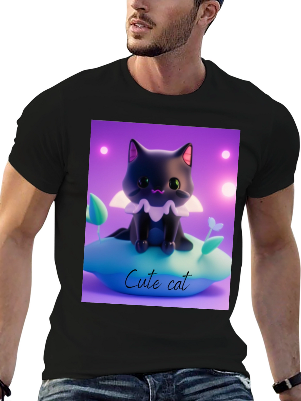 Cute Cat Graphic Tee - Black Cotton Comfort