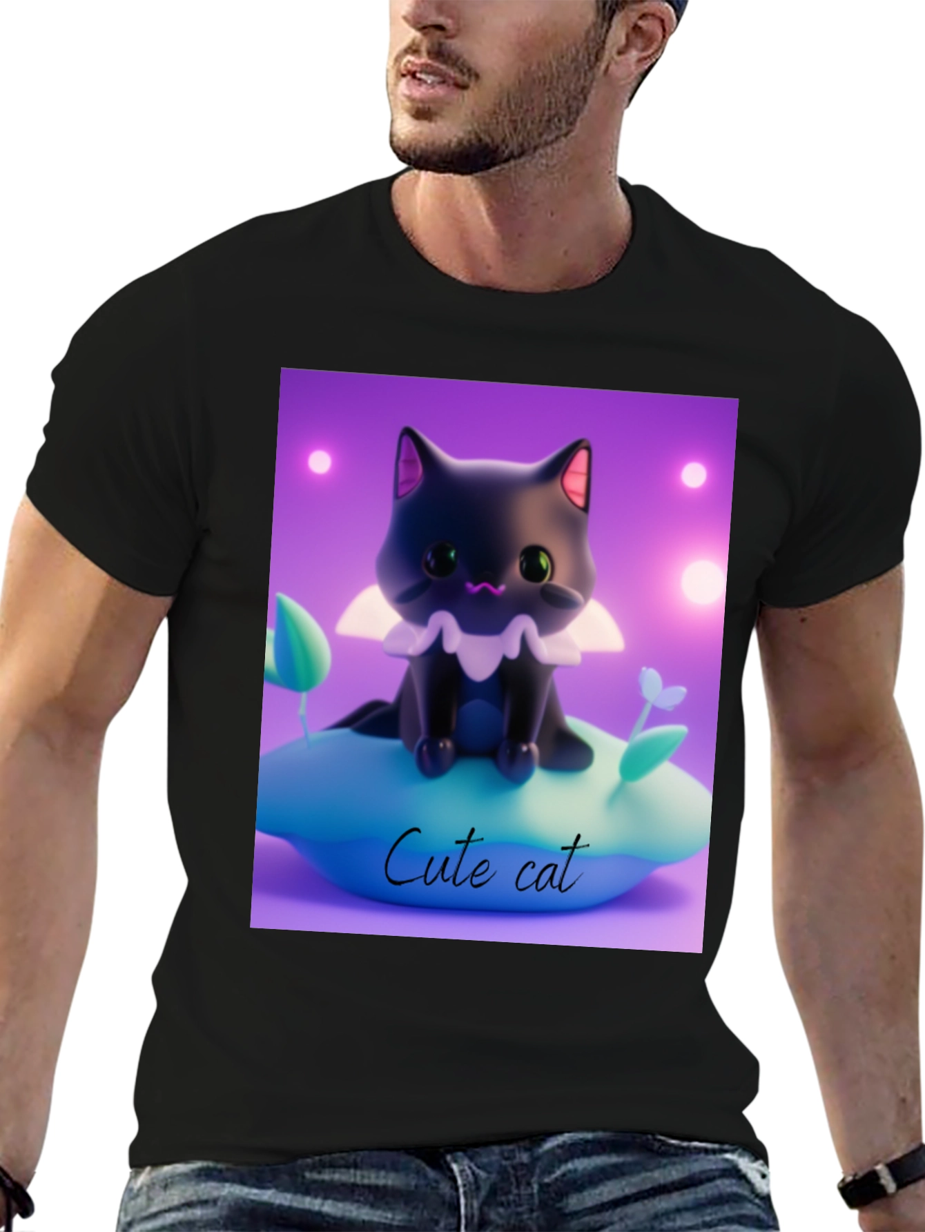 Cute Cat Graphic Tee - Black Cotton Comfort