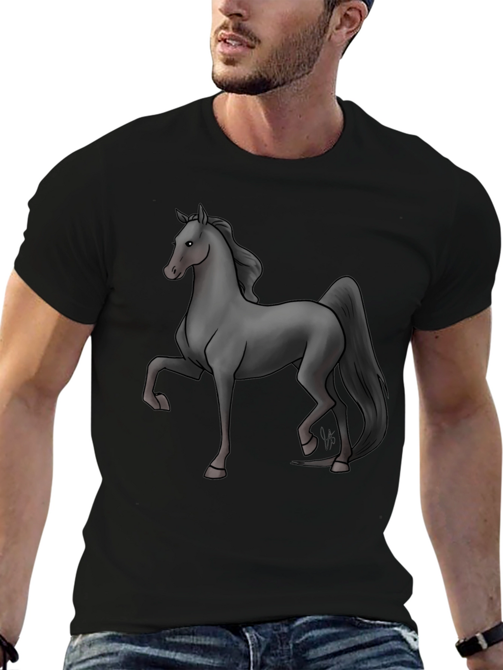 Black T-Shirt with Grey Horse Design