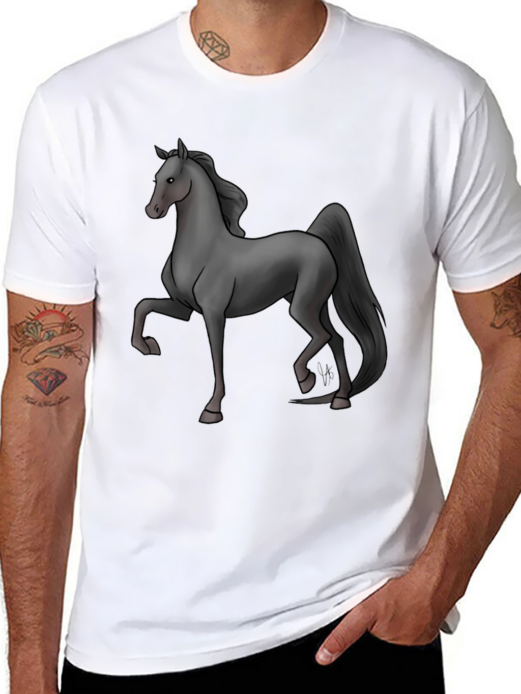Black T-Shirt with Grey Horse Design