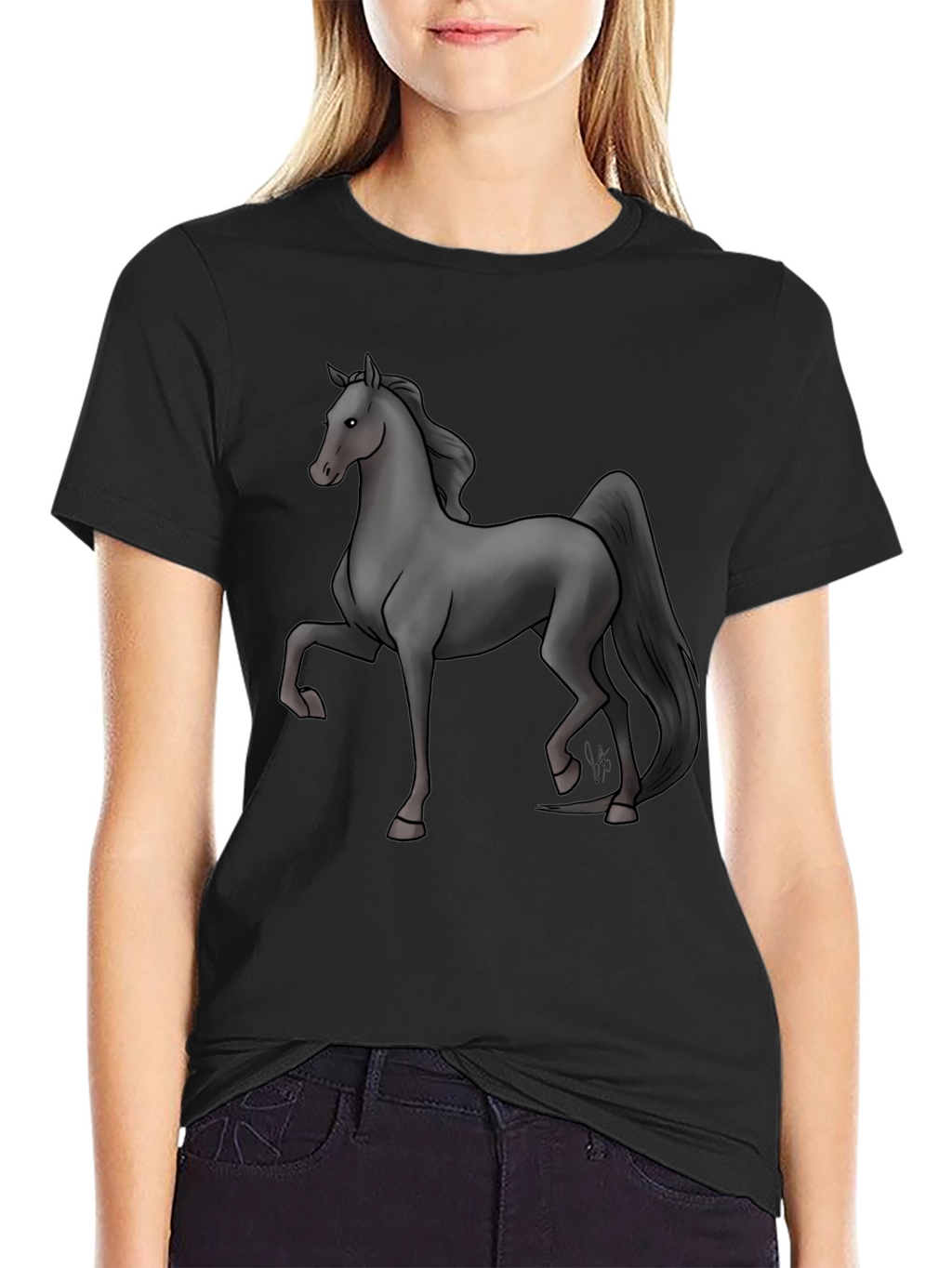 Black T-Shirt with Grey Horse Design