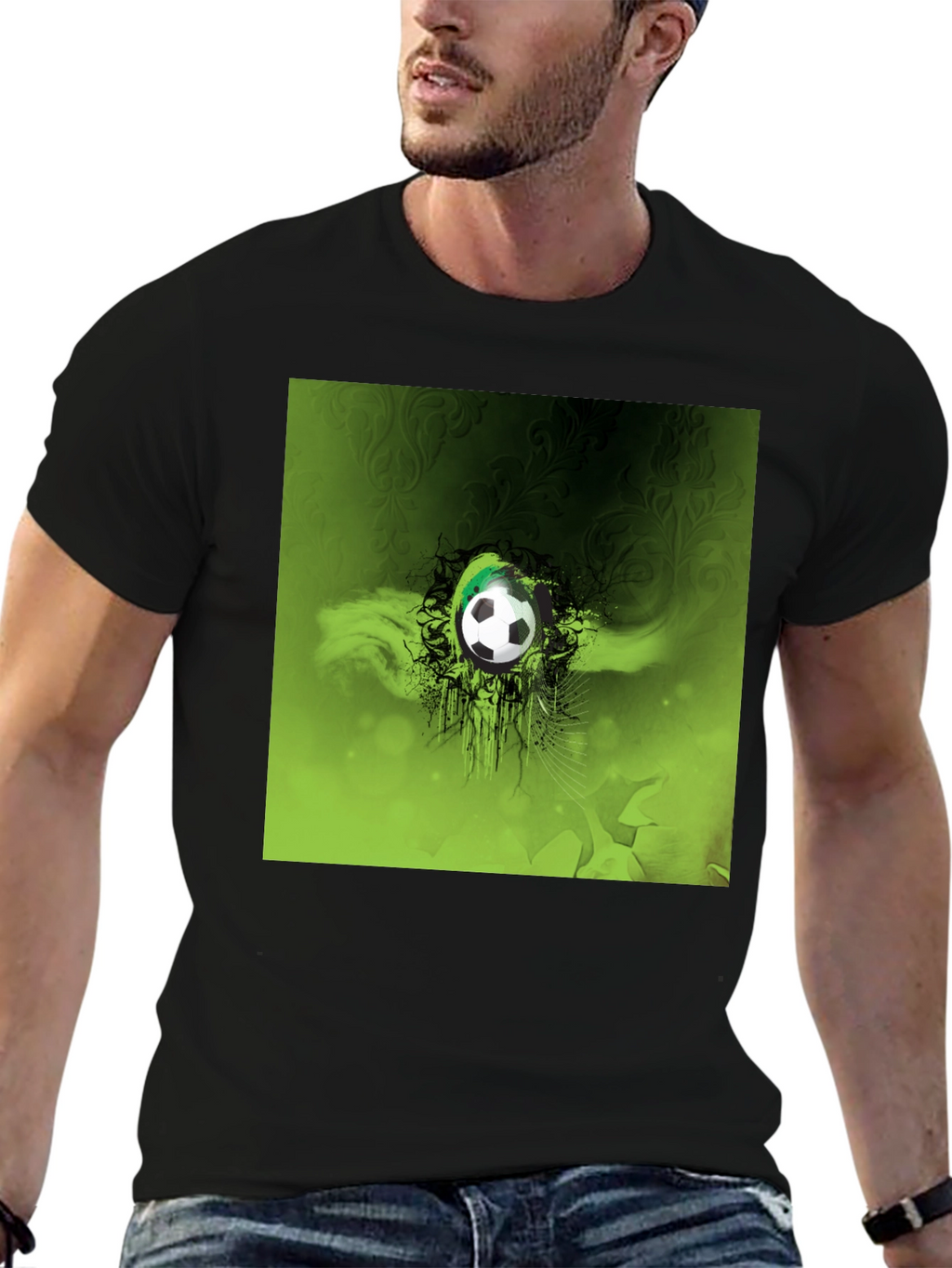 Green Soccer Ball Graphic Black T-Shirt