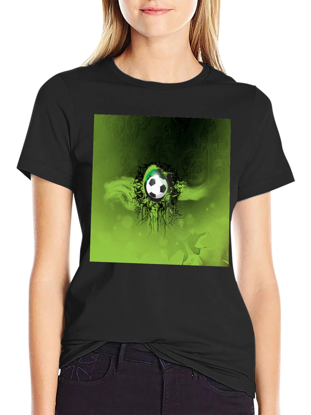 Green Soccer Ball Graphic Black T-Shirt