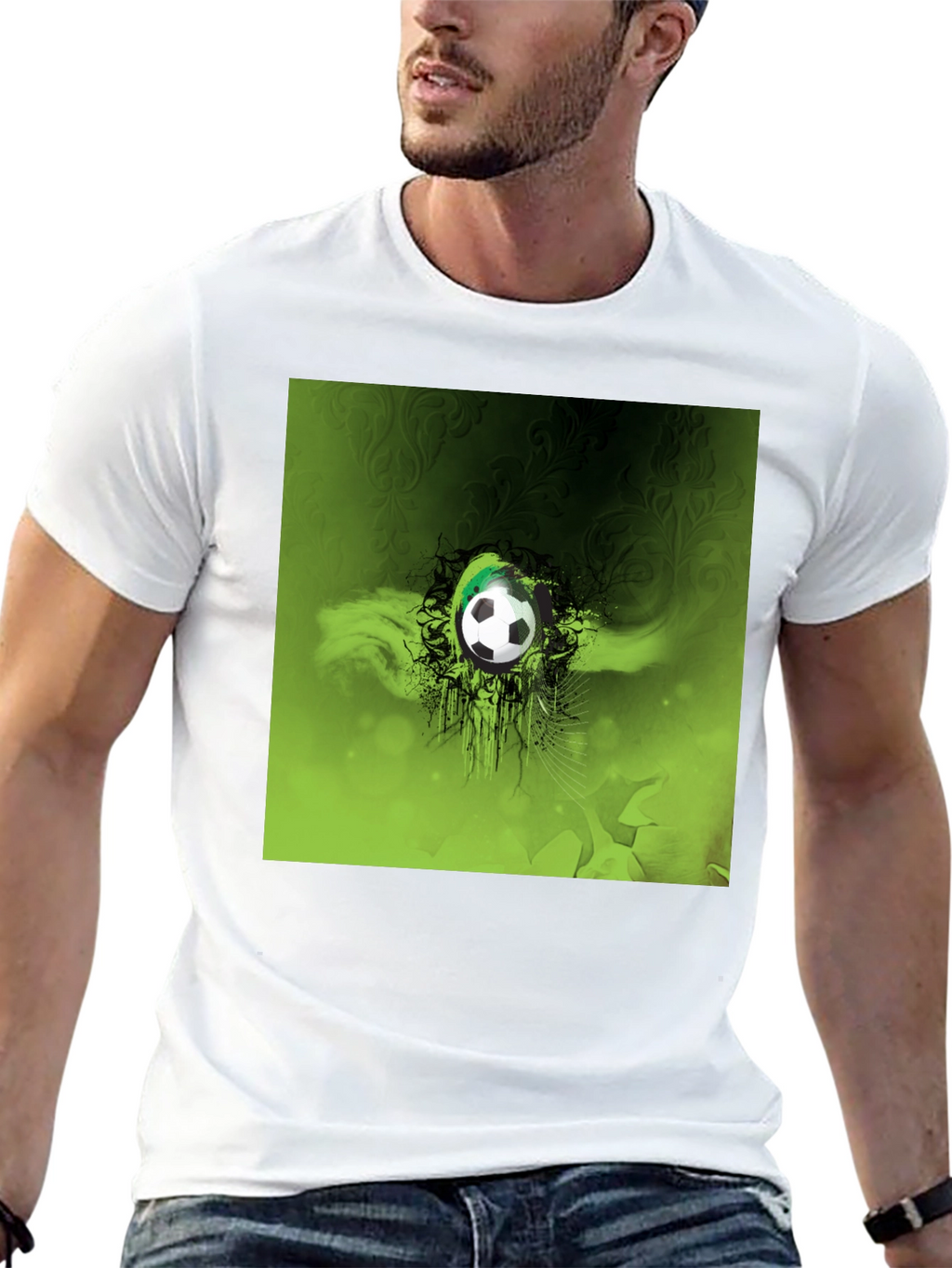 Green Soccer Ball Graphic Black T-Shirt