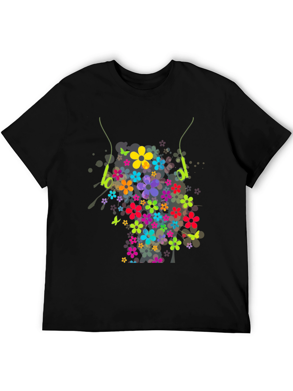 Floral Earphone Tee - Black Graphic T-Shirt