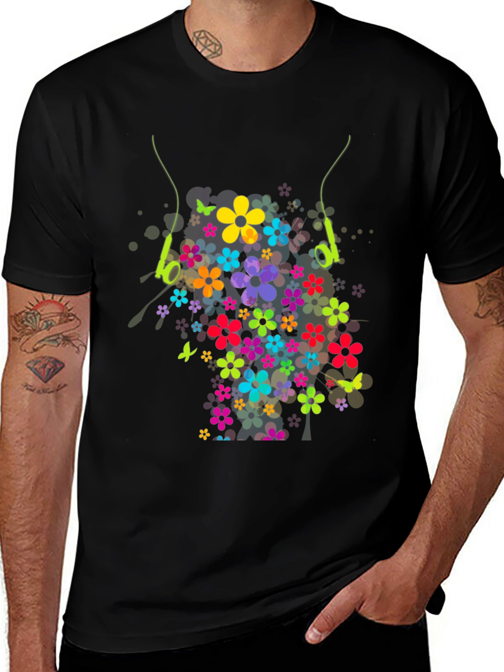 Floral Earphone Tee - Black Graphic T-Shirt
