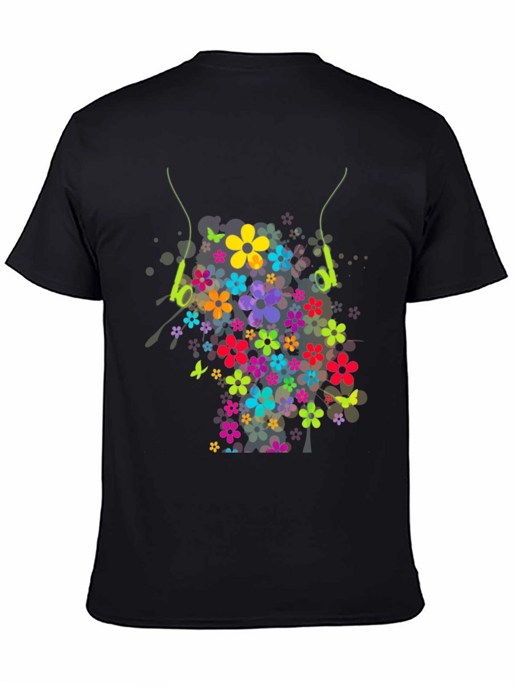 Floral Earphone Tee - Black Graphic T-Shirt