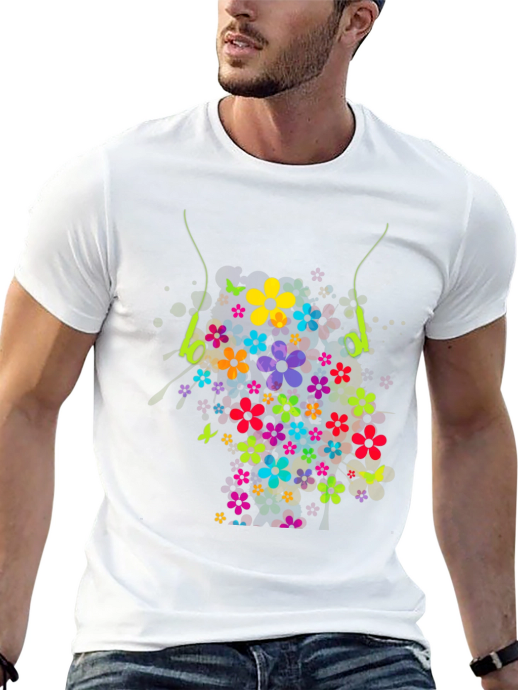 Floral Earphone Tee - Black Graphic T-Shirt