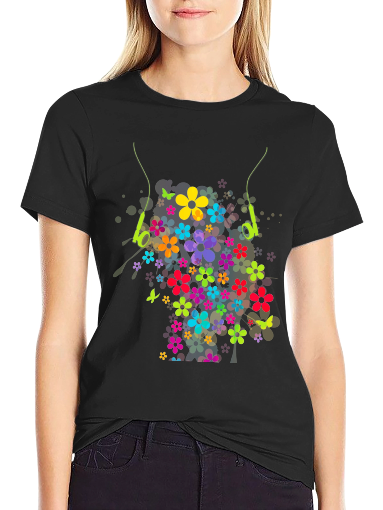 Floral Earphone Tee - Black Graphic T-Shirt