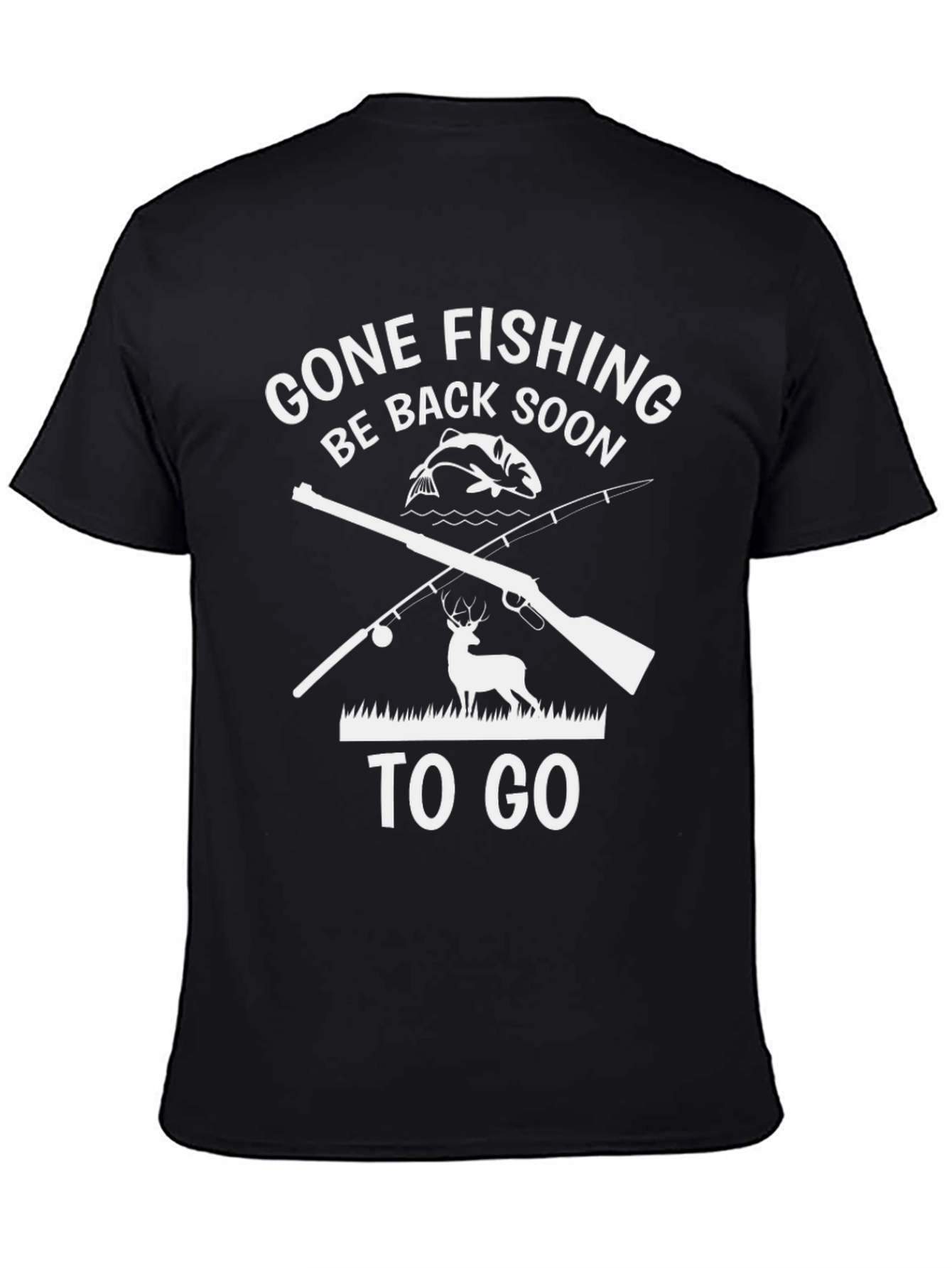 Gone Fishing Black T-Shirt - Deer and Fish Graphic Tee