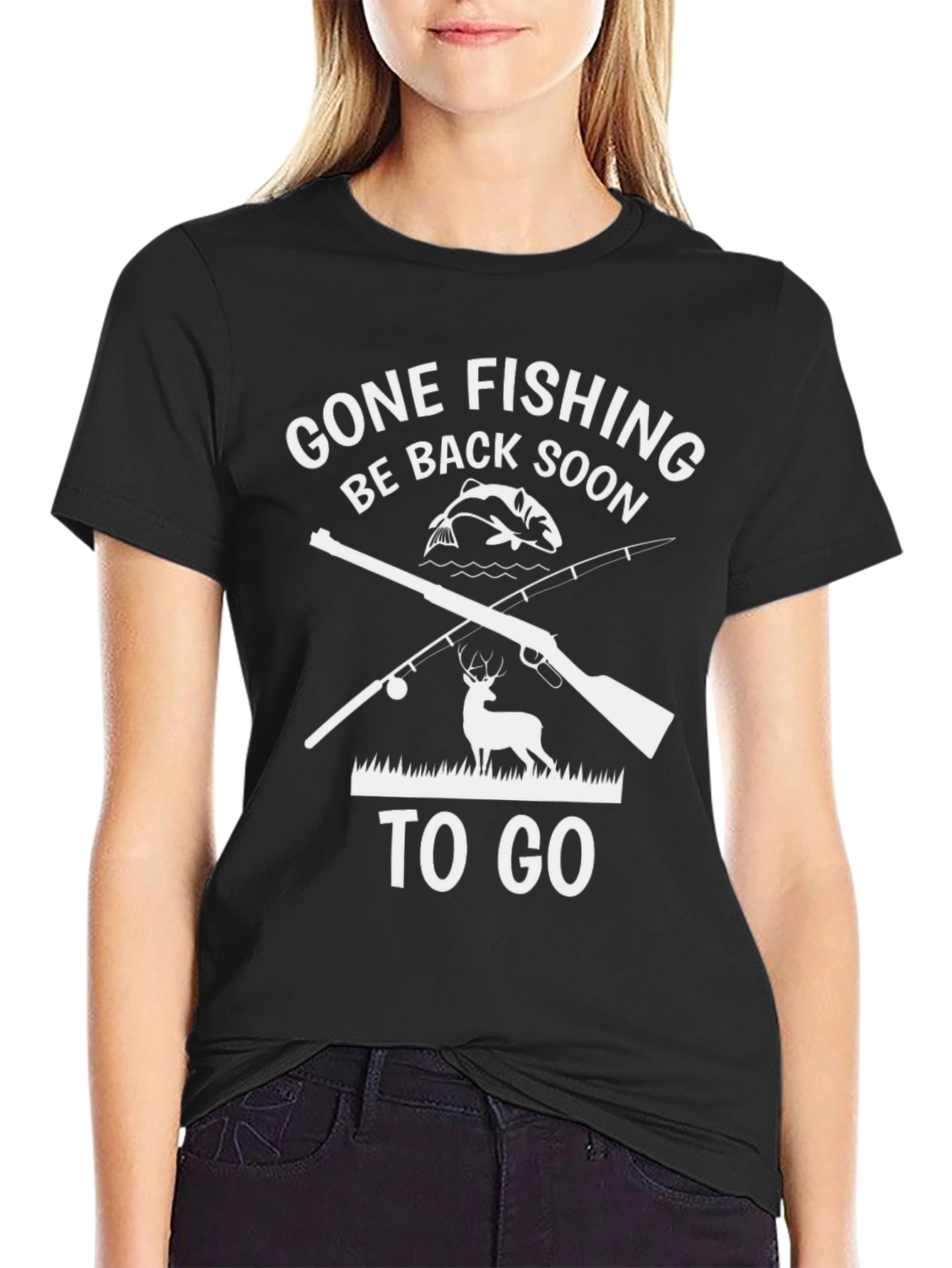 Gone Fishing Black T-Shirt - Deer and Fish Graphic Tee