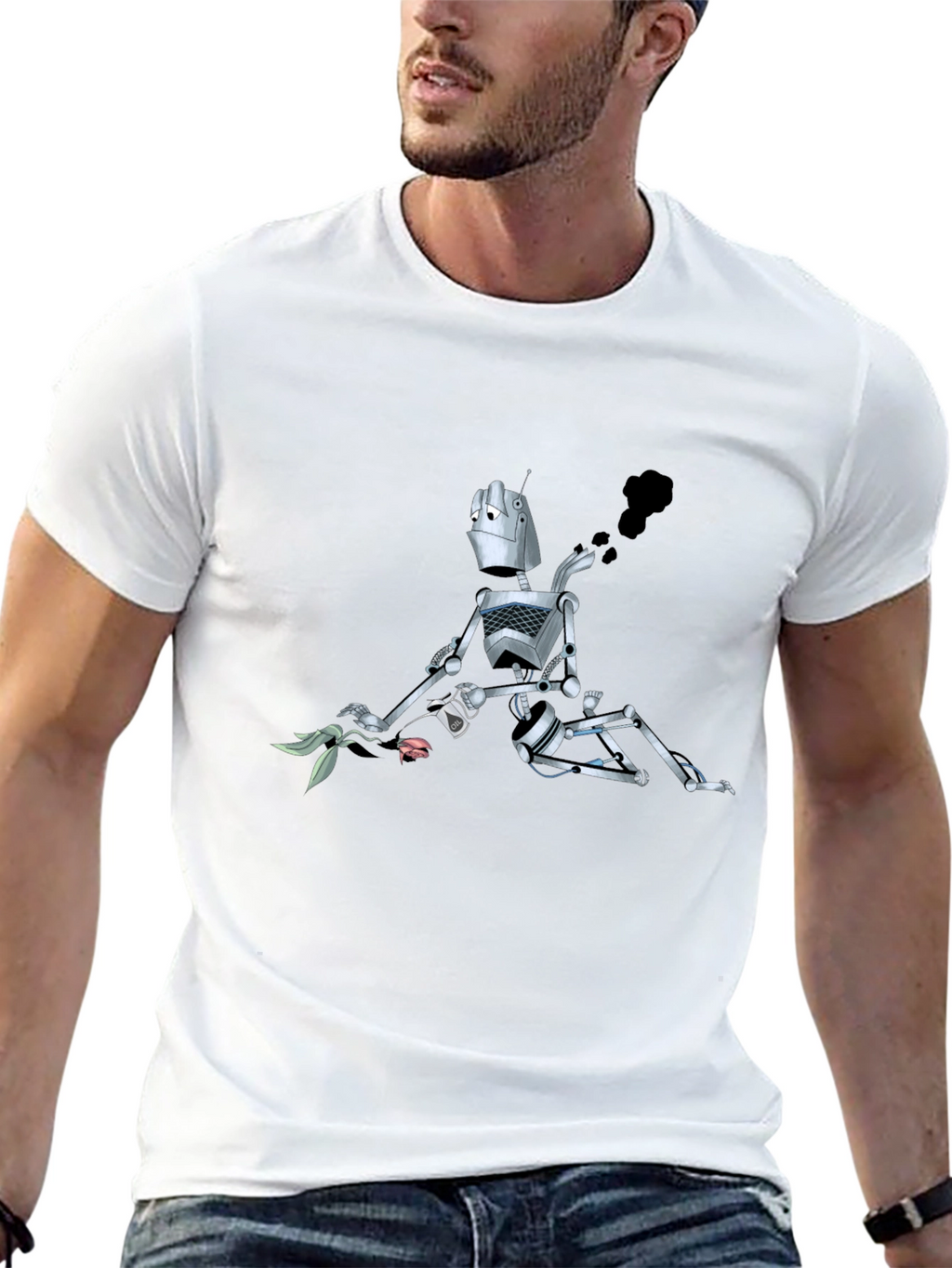 Robot with Flower Graphic Tee - Black
