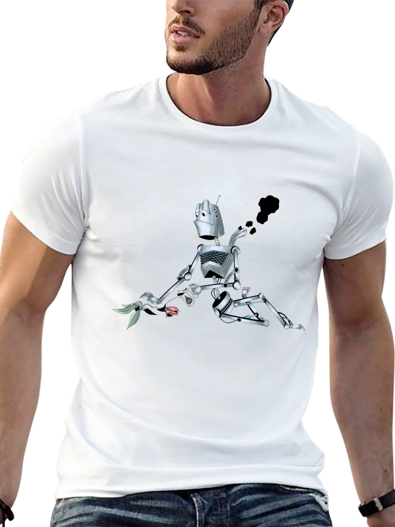 Robot with Flower Graphic Tee - Black