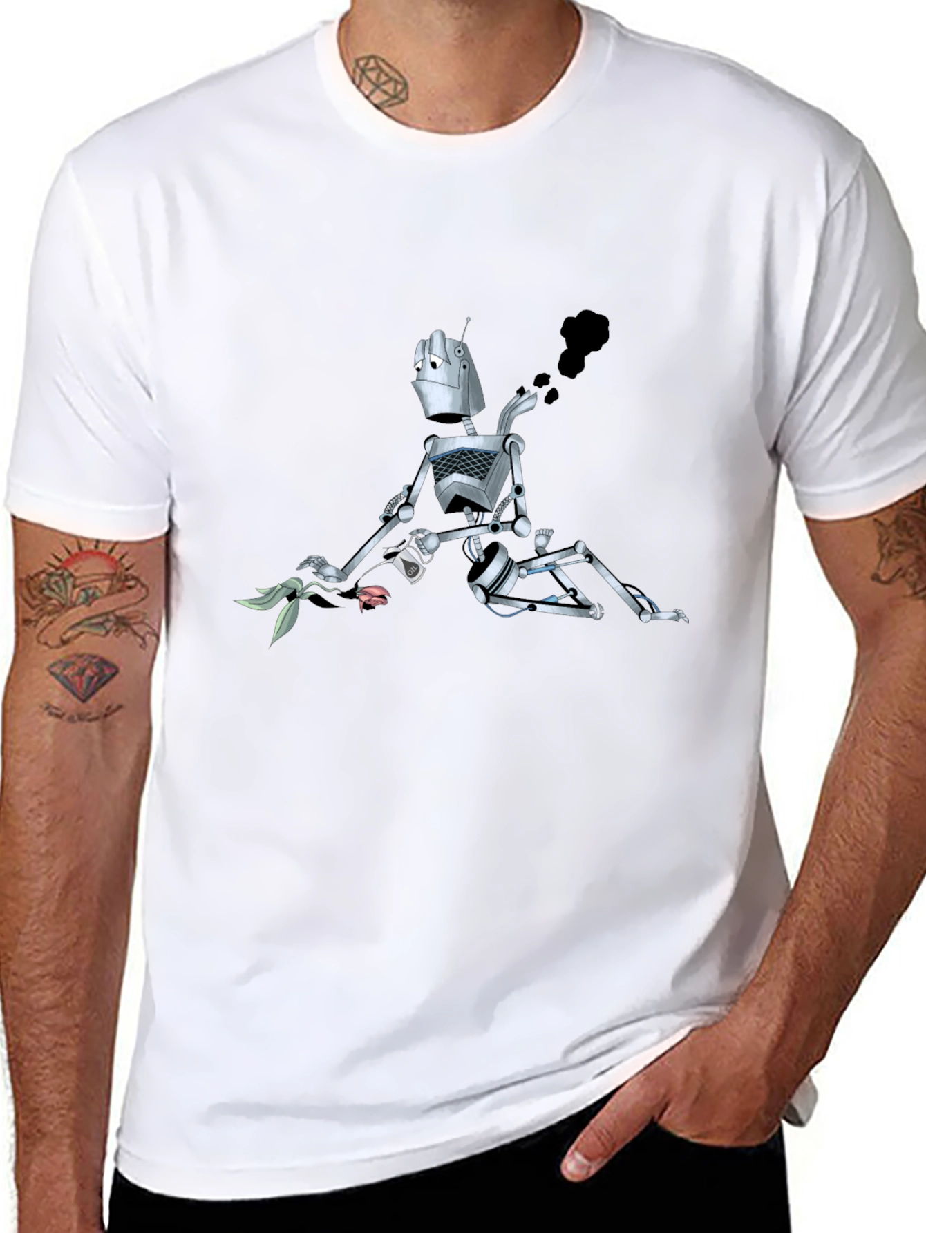 Robot with Flower Graphic Tee - Black
