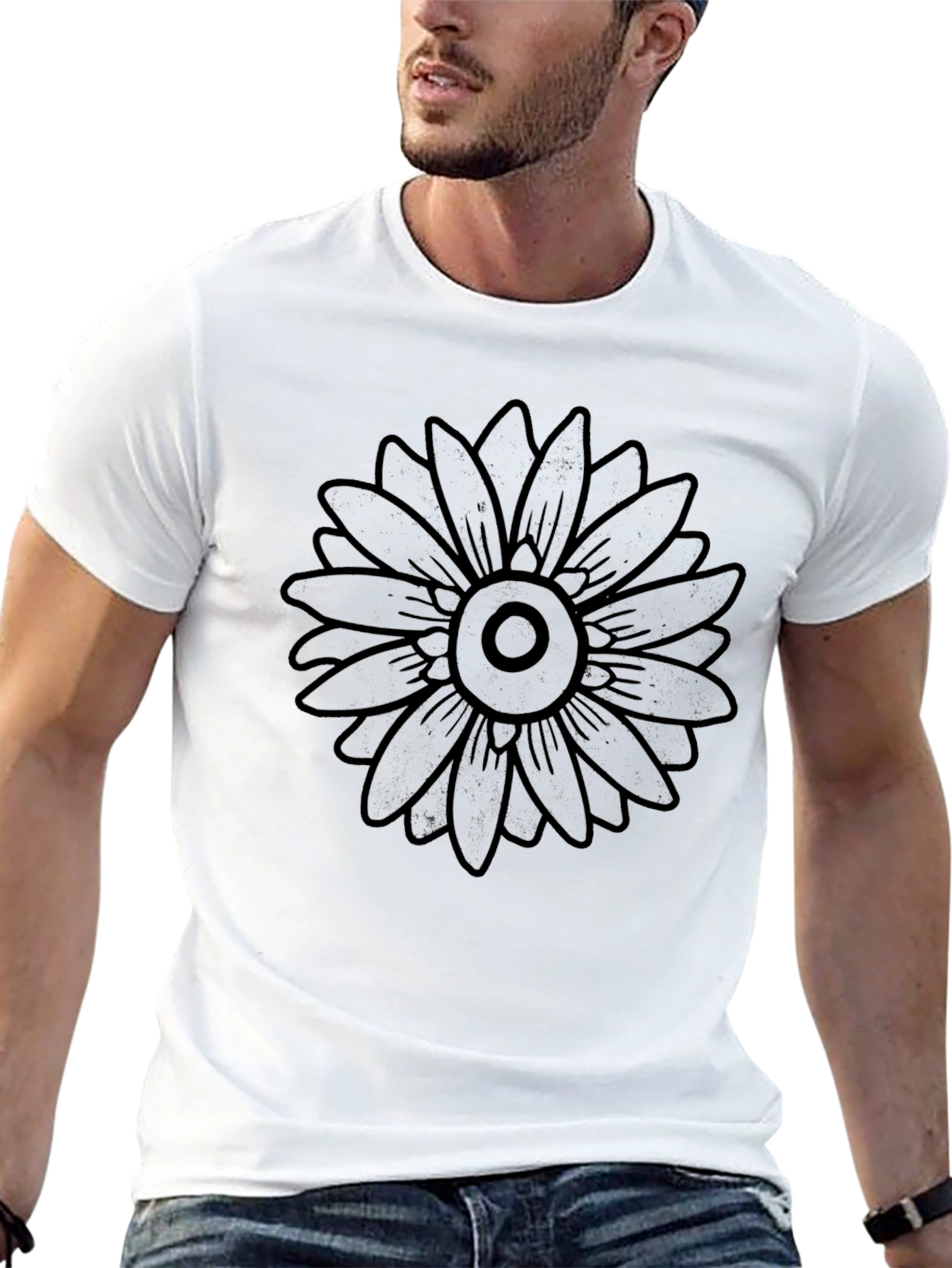 Black Graphic Tee - Bold Flower Design Casual Fit