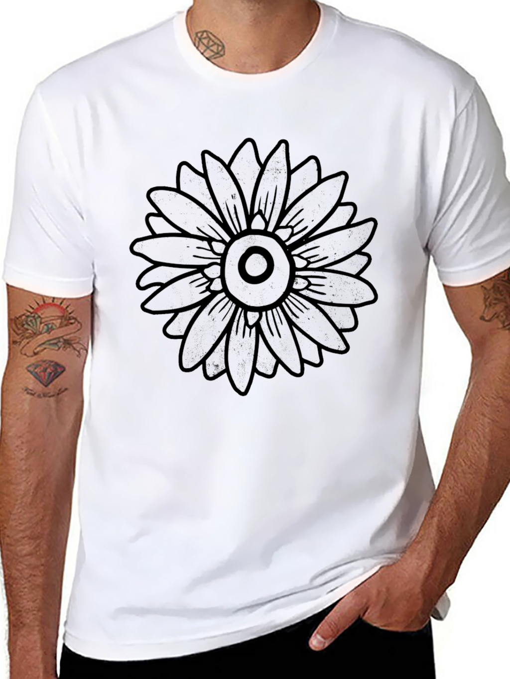 Black Graphic Tee - Bold Flower Design Casual Fit