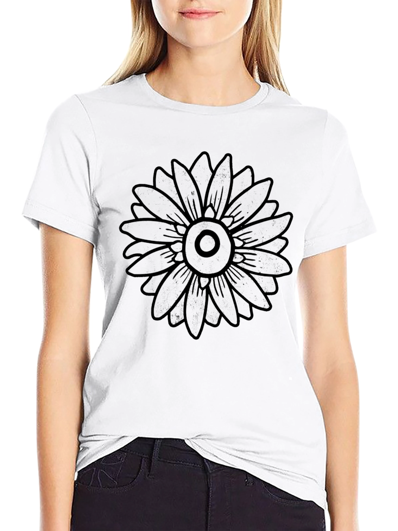 Black Graphic Tee - Bold Flower Design Casual Fit