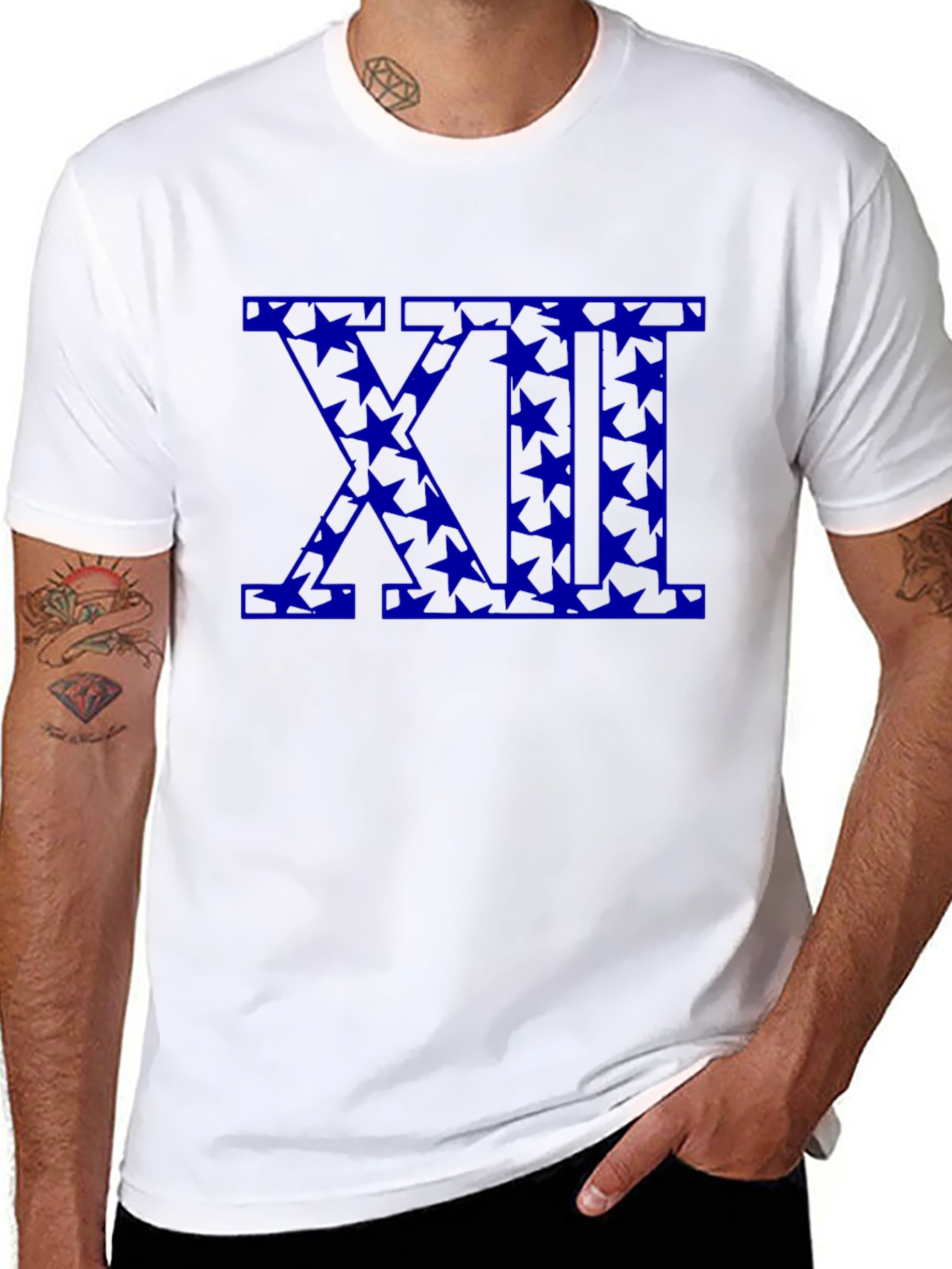 Black T-Shirt with Blue Star XII Roman Numeral Design