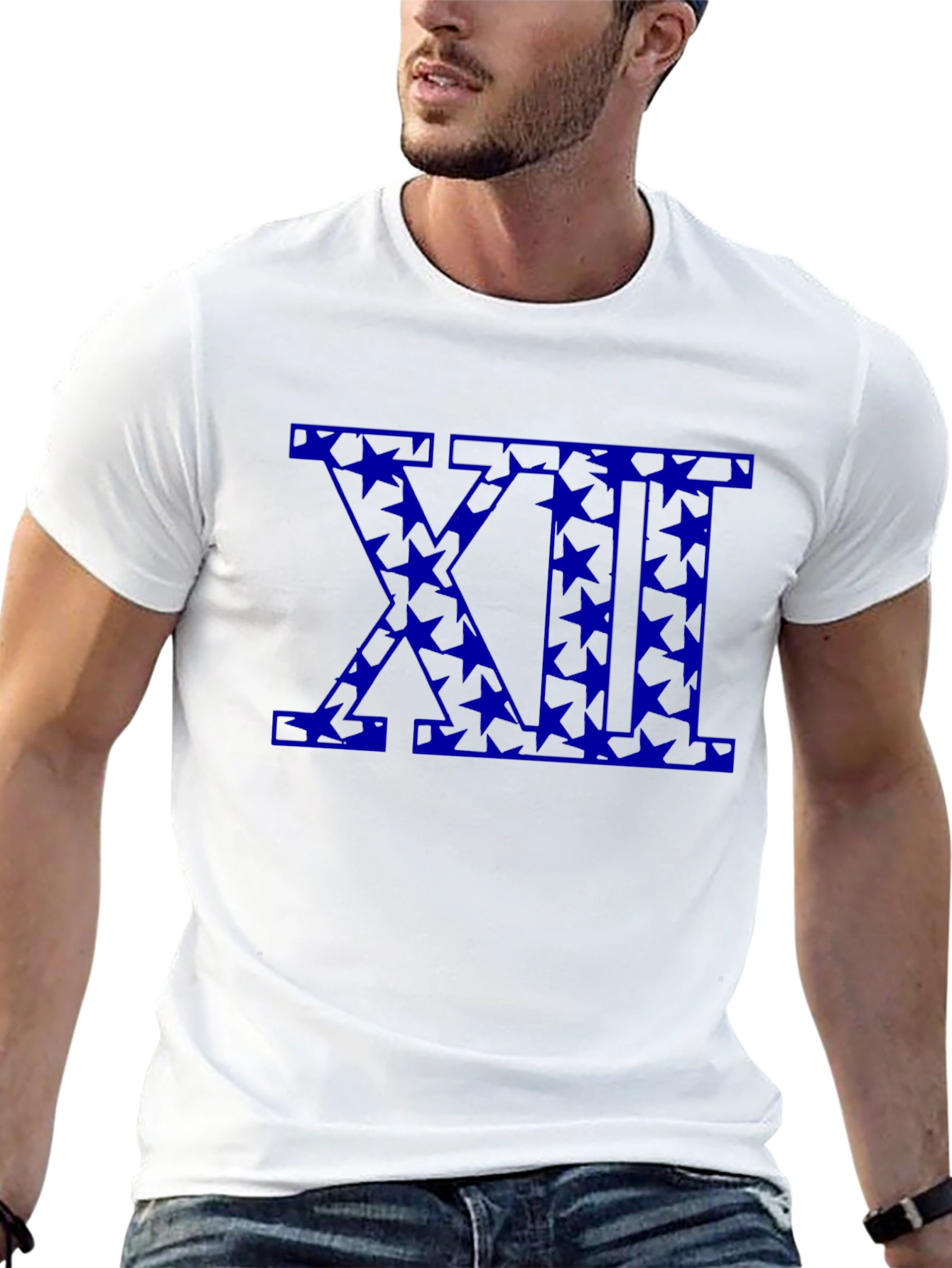 Black T-Shirt with Blue Star XII Roman Numeral Design