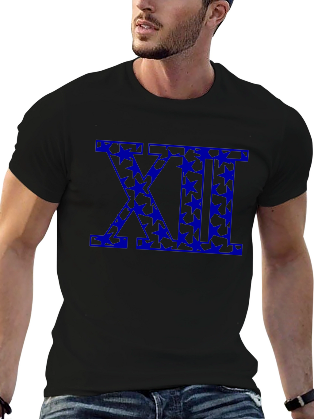Black T-Shirt with Blue Star XII Roman Numeral Design