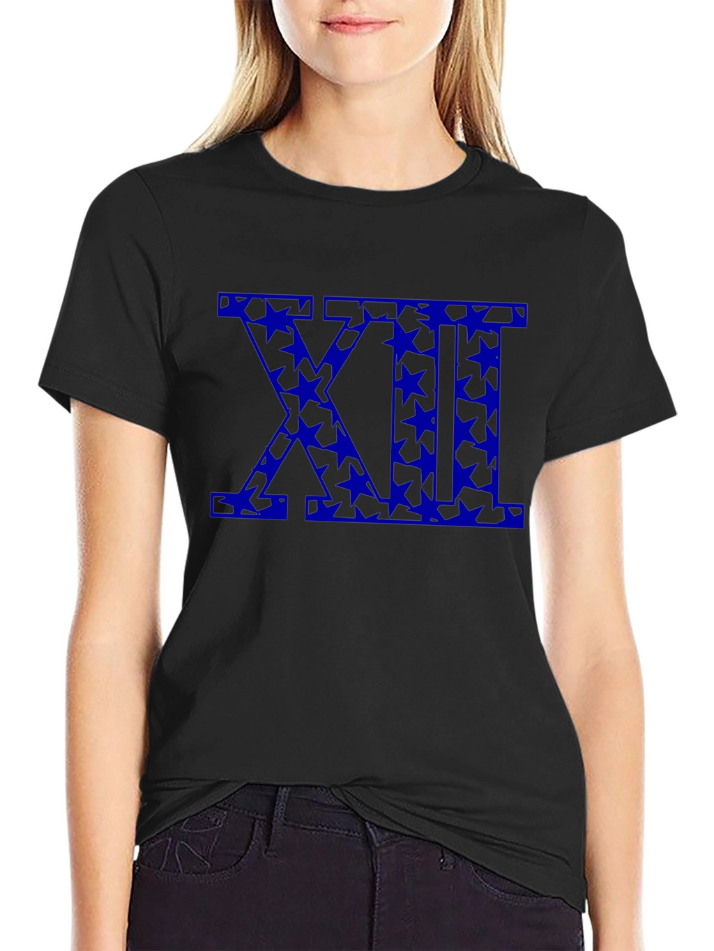 Black T-Shirt with Blue Star XII Roman Numeral Design