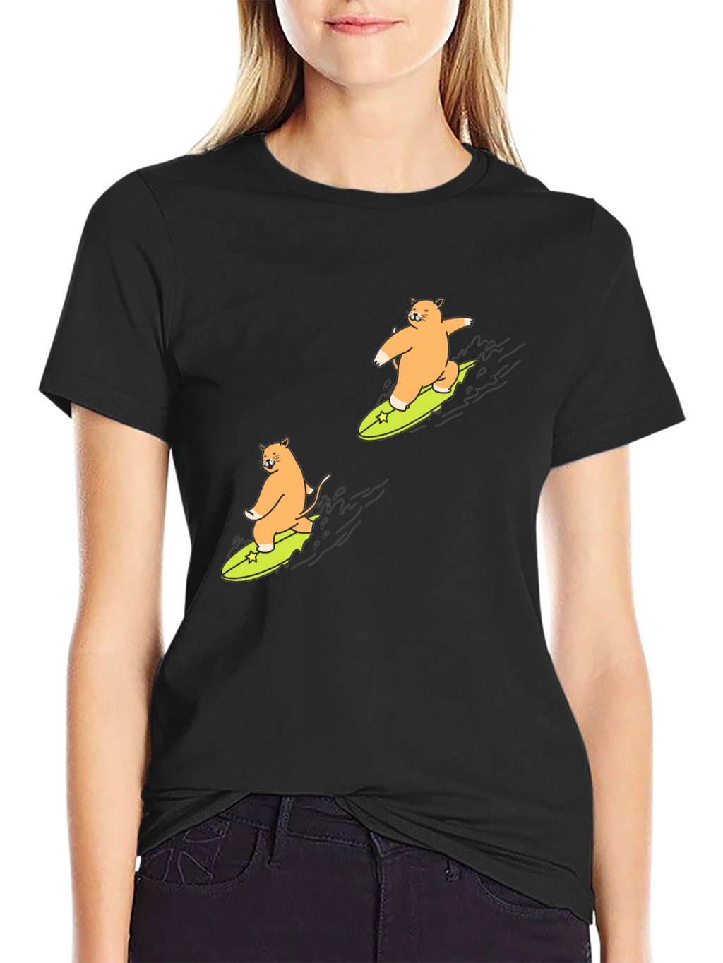 Cat Surfing Graphic T-Shirt - Black