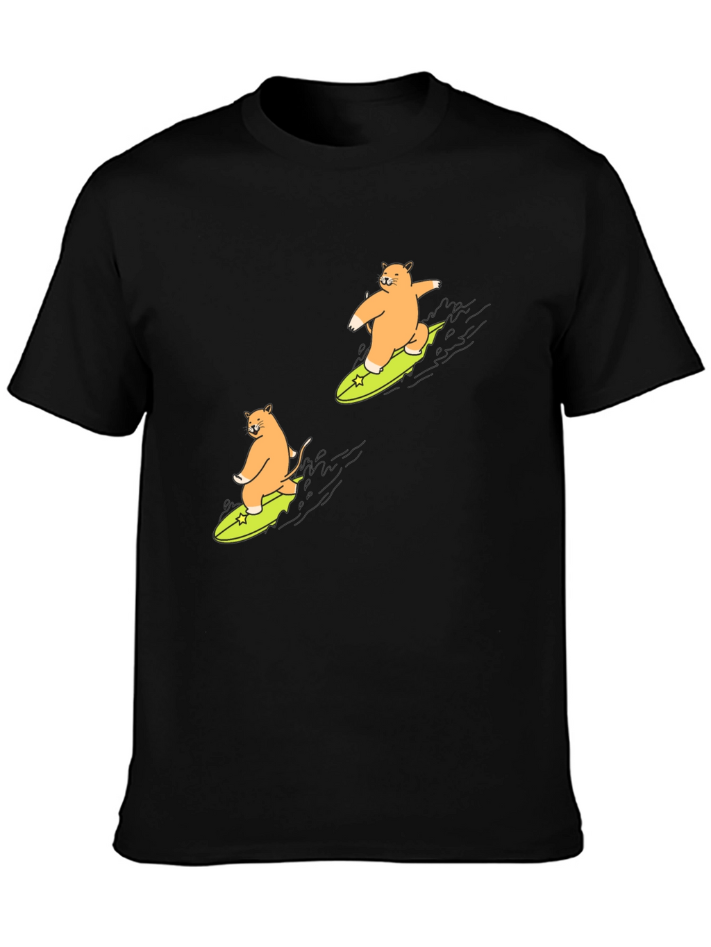 Cat Surfing Graphic T-Shirt - Black