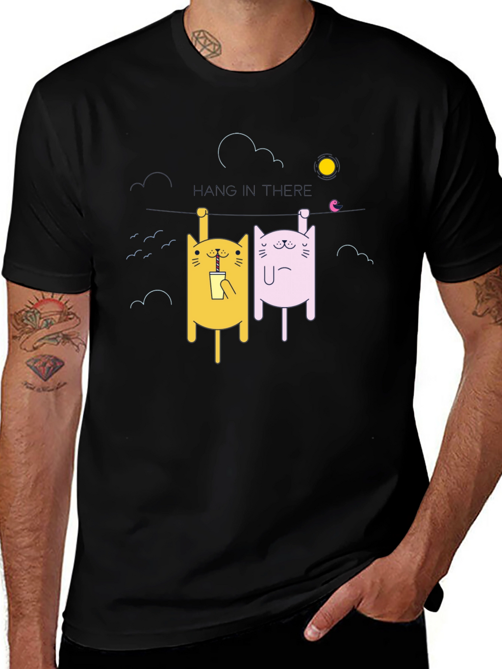 Cartoon Cat Graphic T-Shirt - Unisex Black Tee