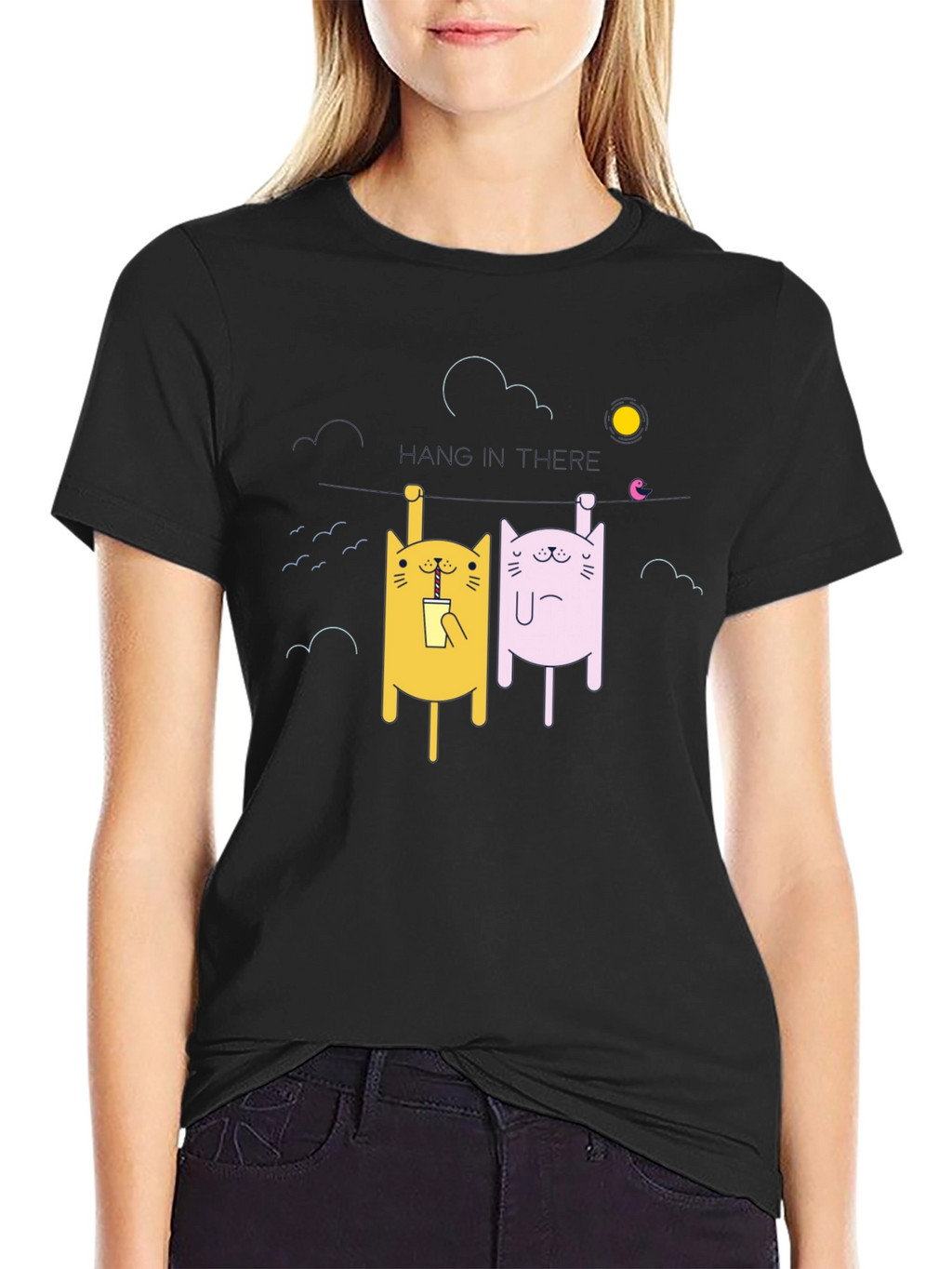 Cartoon Cat Graphic T-Shirt - Unisex Black Tee