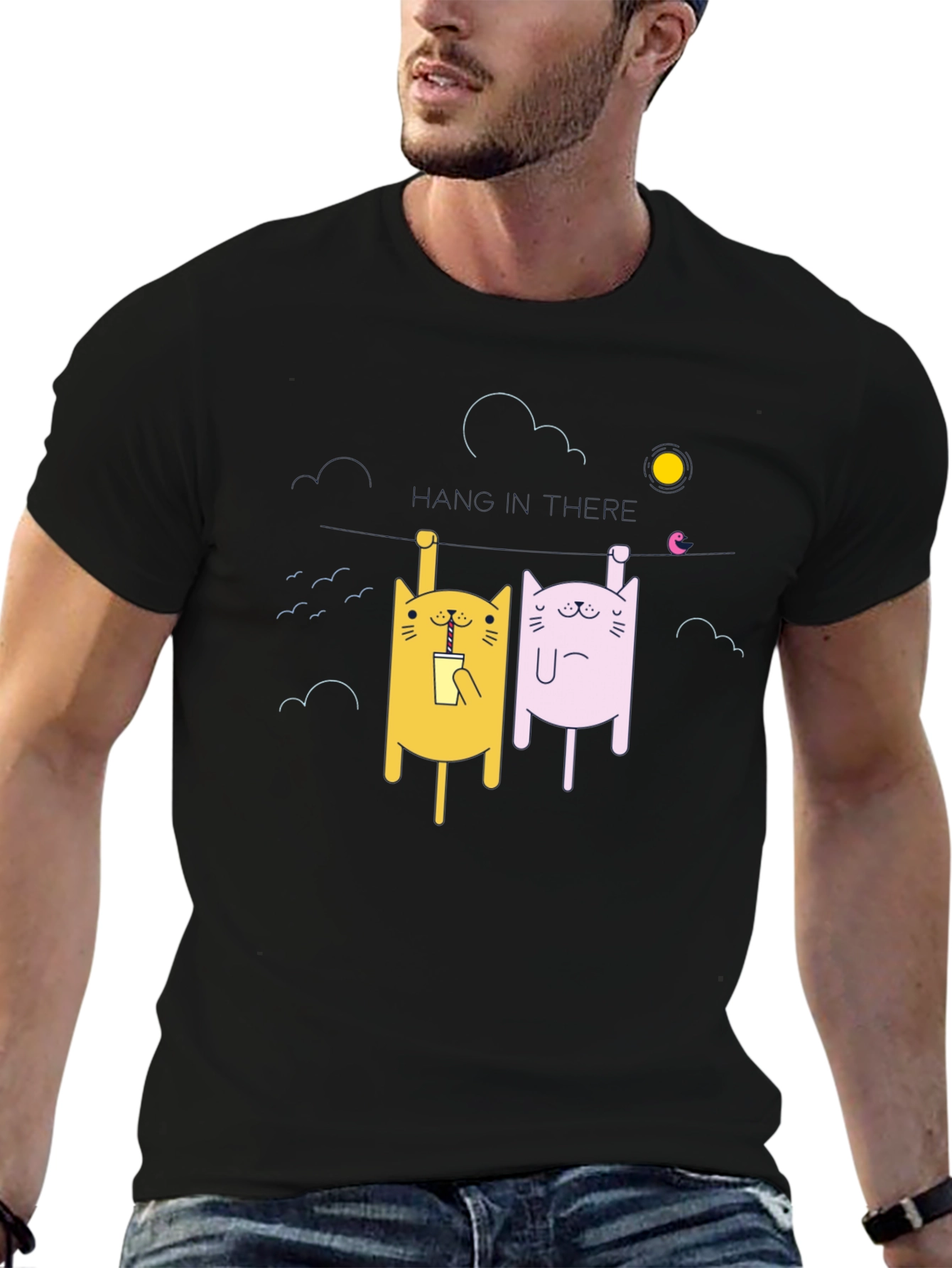 Cartoon Cat Graphic T-Shirt - Unisex Black Tee