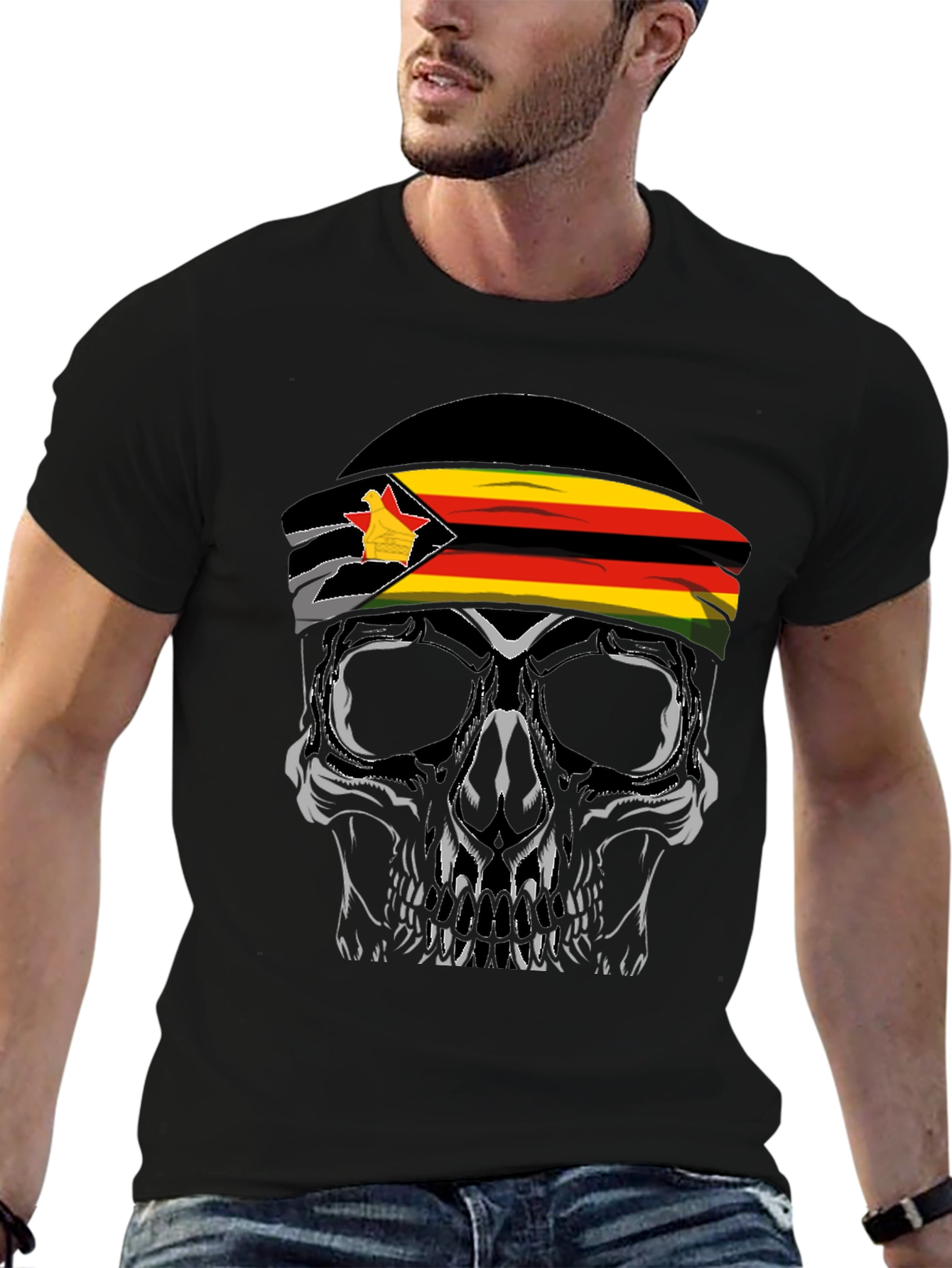 Zimbabwe Flag Skull Graphic T-Shirt