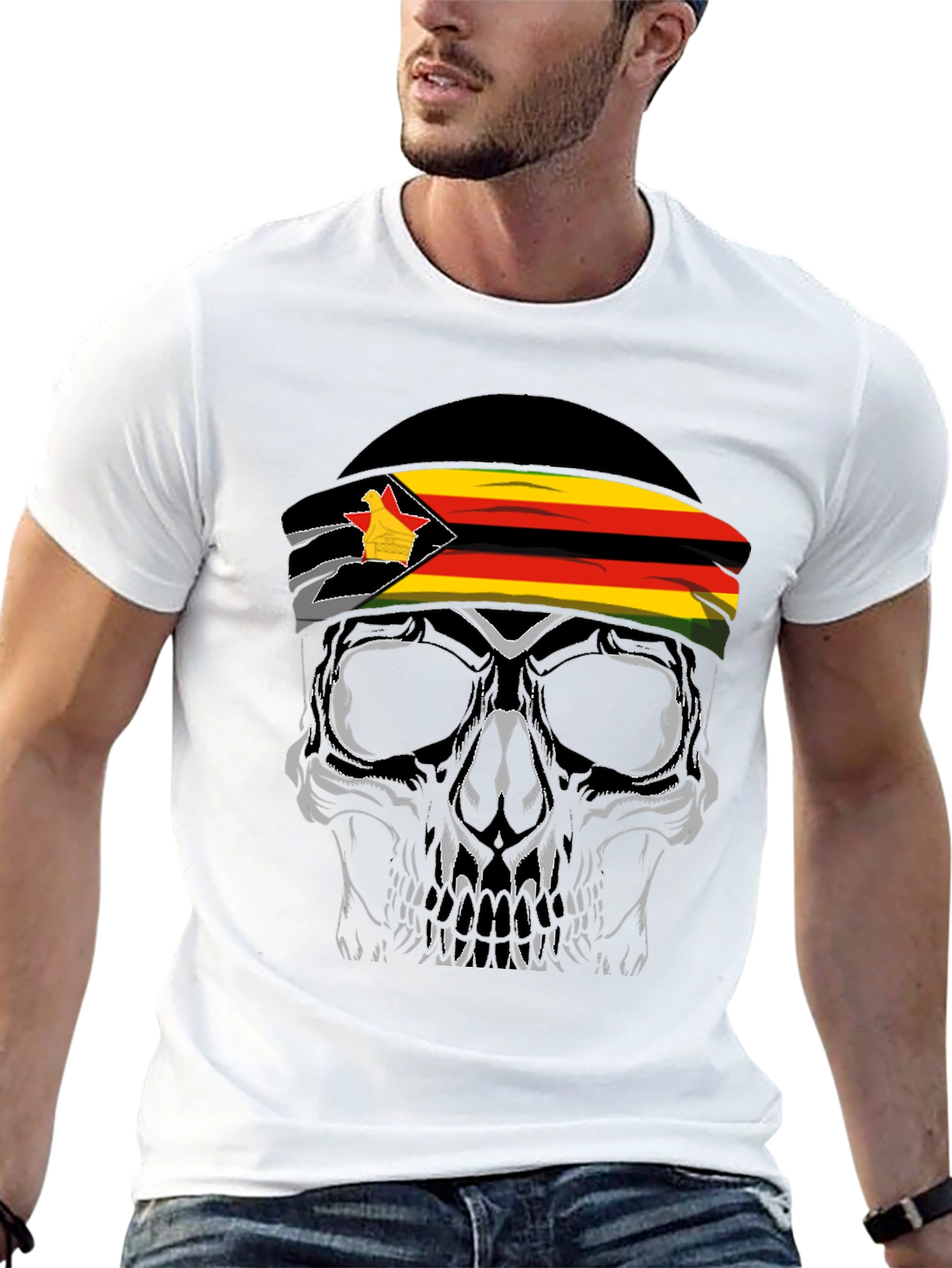 Zimbabwe Flag Skull Graphic T-Shirt