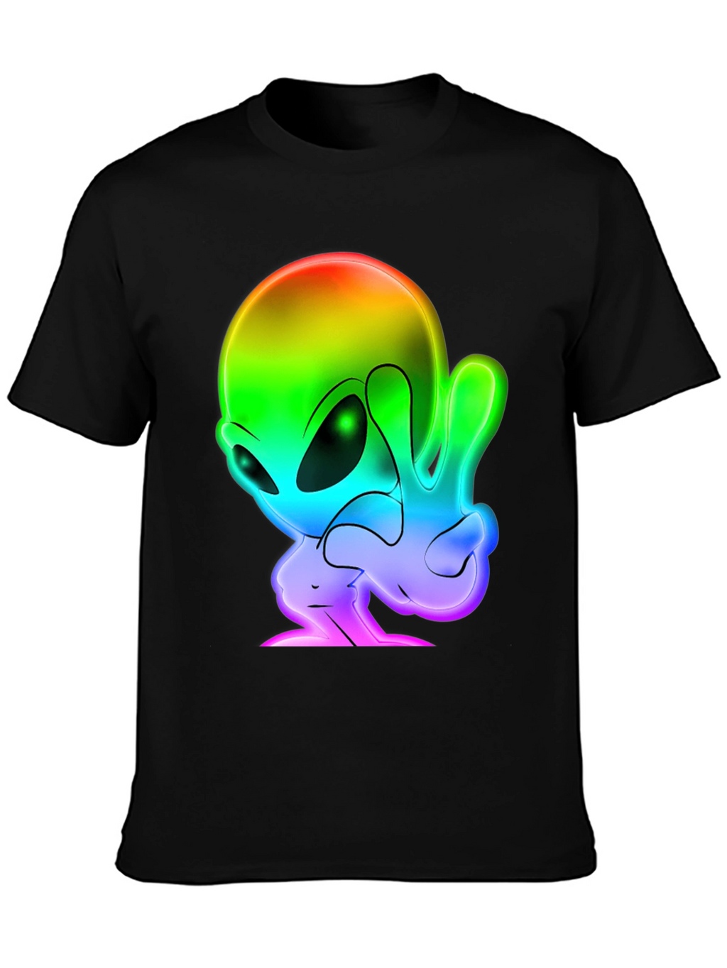 Rainbow Alien Peace Sign Black T-Shirt