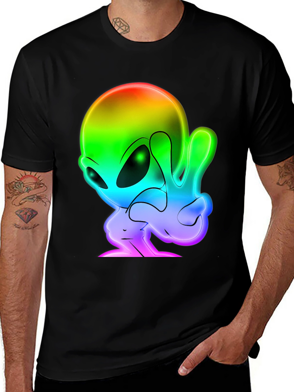 Rainbow Alien Peace Sign Black T-Shirt