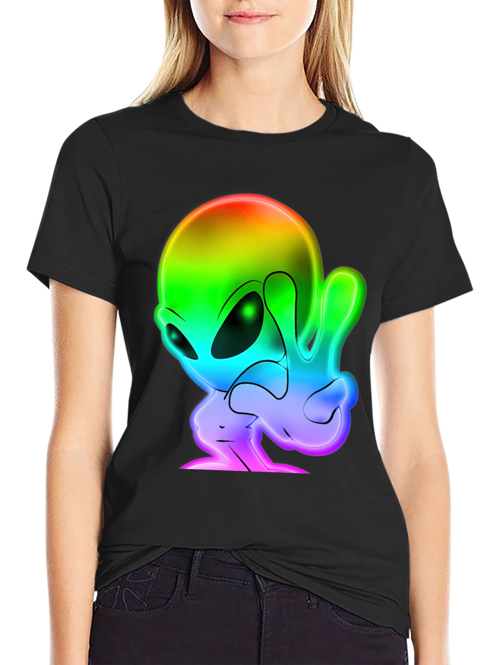 Rainbow Alien Peace Sign Black T-Shirt