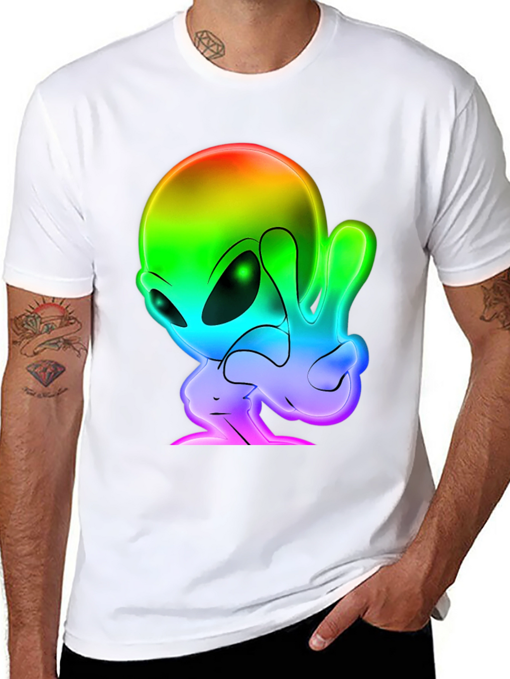 Rainbow Alien Peace Sign Black T-Shirt