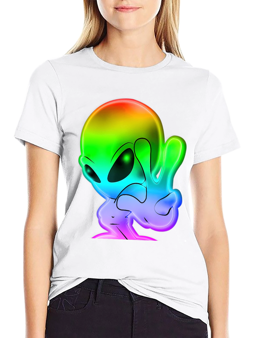 Rainbow Alien Peace Sign Black T-Shirt