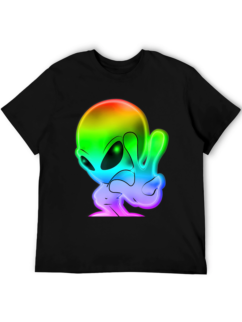 Rainbow Alien Peace Sign Black T-Shirt