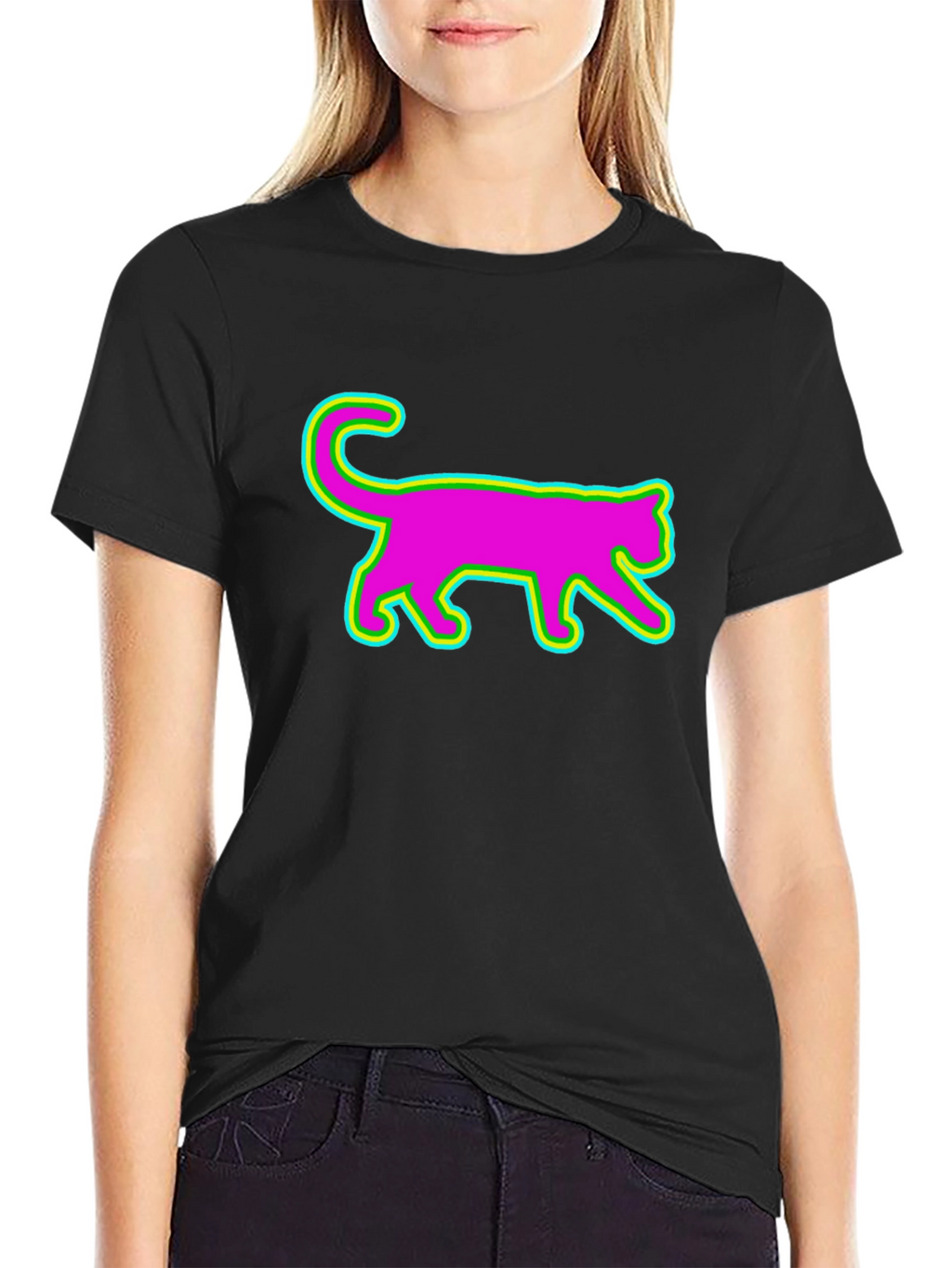 Vibrant Neon Cat Graphic Tee - Black