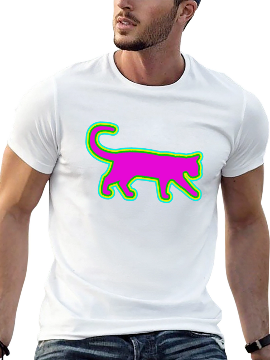 Vibrant Neon Cat Graphic Tee - Black